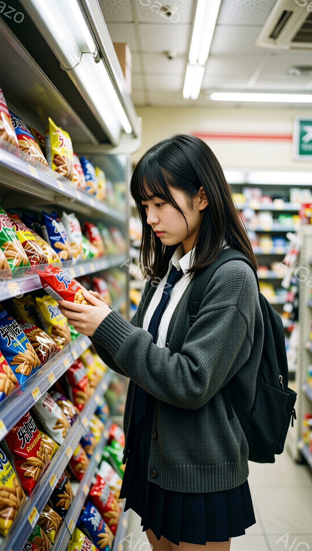 画像には、スナック菓子の棚の前で商品を選んでいる女子高生が写っています。彼女はグレーのカーディガン、白いシャツ、プリーツスカート、そして黒いバックパックを身に着けており、前髪を伸ばしたロングヘアです。真剣な表情でスナック菓子のパッケージを見つめており、買い物中の様子が伺えます。
