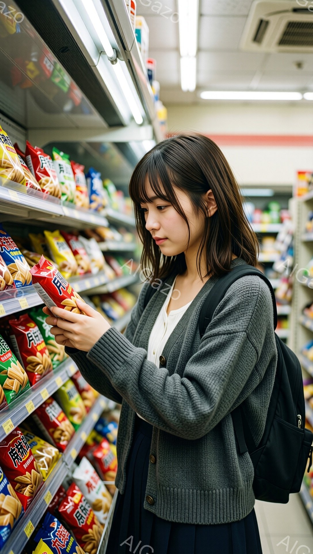 画像には、スーパーマーケットの棚の前でスナック菓子を見ている若い女性が写っています。彼女はグレーのカーディガン、濃い青色のスカート、そして黒のリュックサックを着ており、前髪のあるダークブラウンの髪をしています。女性は何かを選ぶように集中した表情で、商品のパッケージを手に持っています。