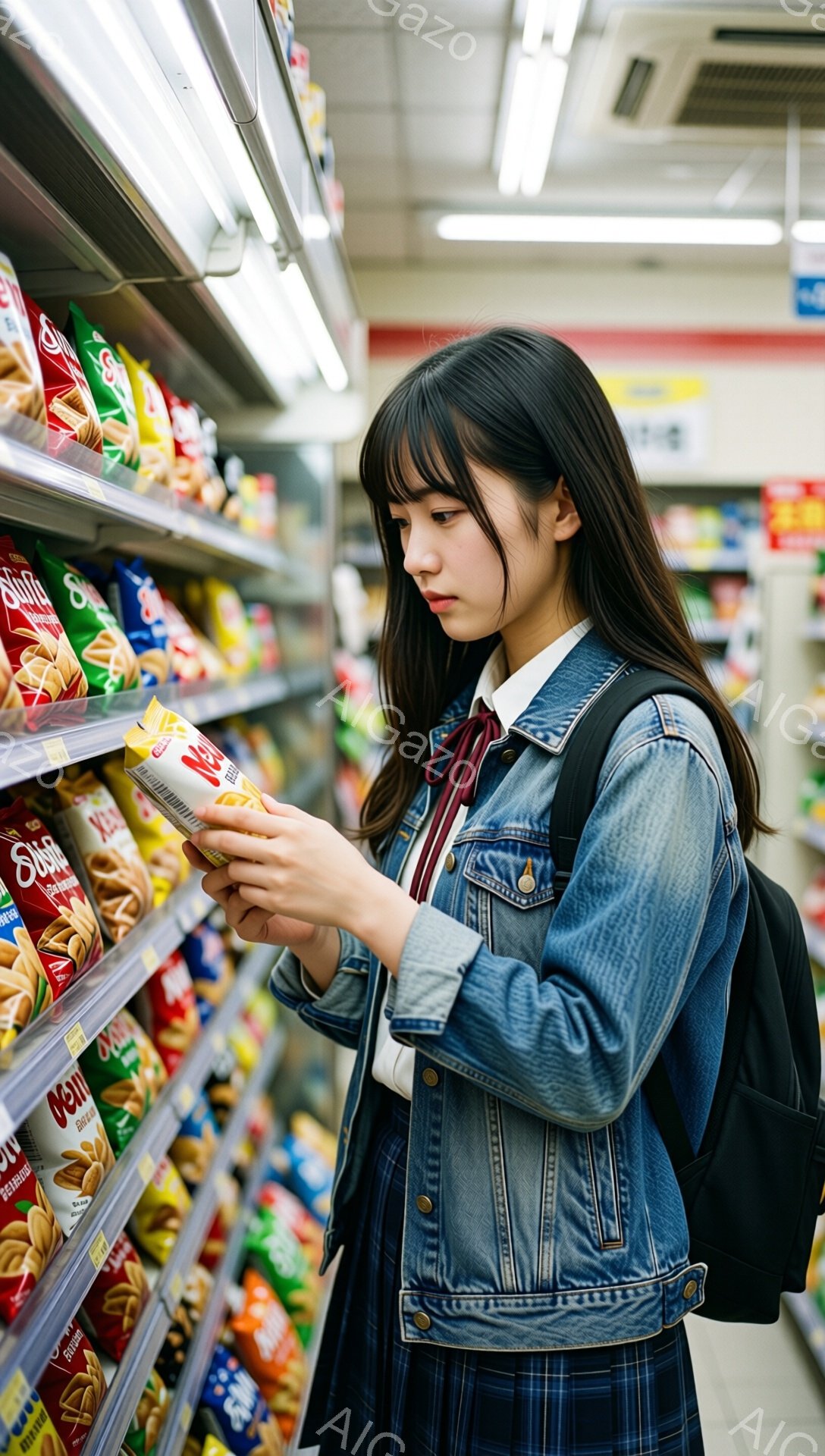 若い女性がスーパーマーケットの棚の前で、パスタの箱を手に持っている。彼女は紺色の制服のような服装で、ジージャンを羽織り、黒いリュックを背負っている。彼女の髪は長く、前髪は少しカールしており、真剣な表情で商品のラベルを読んでいる。