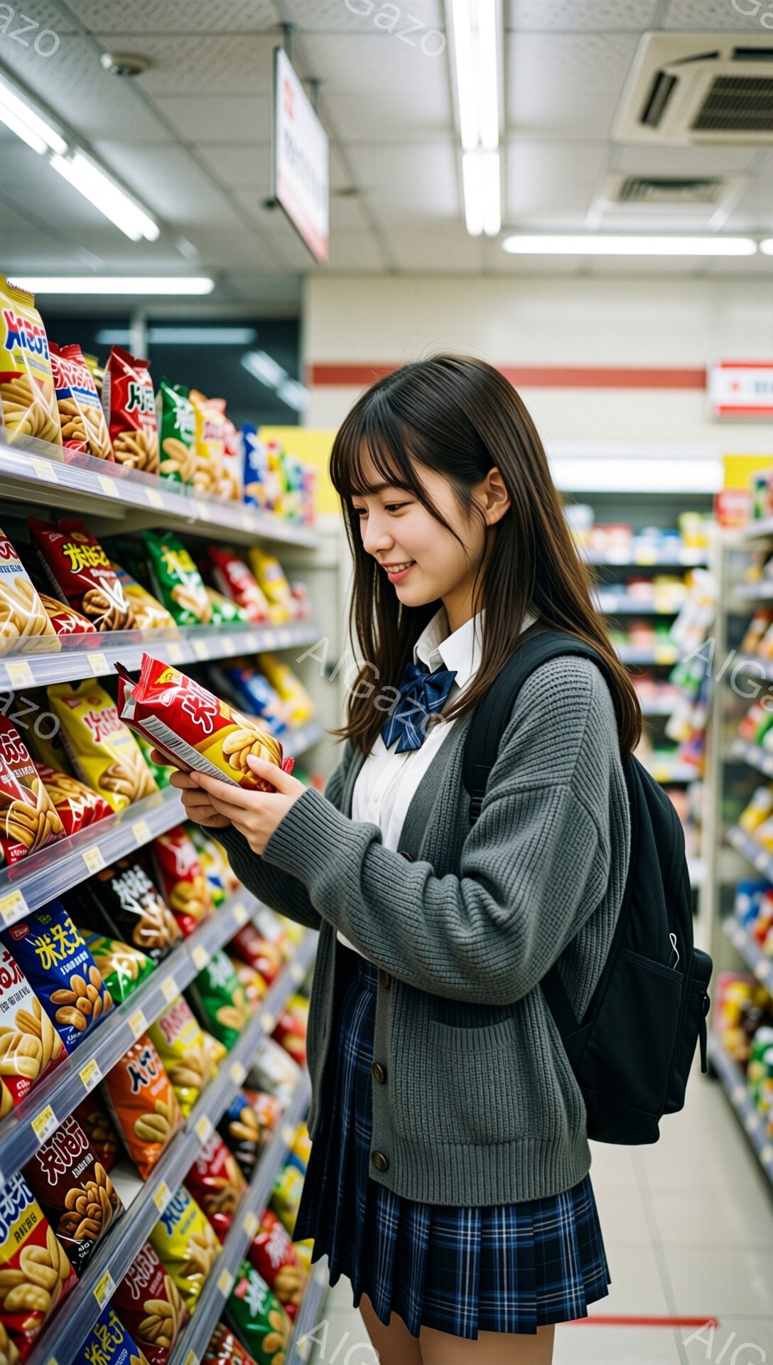 画像には、スーパーマーケットの棚の前でスナック菓子を見ている女子高生が写っています。彼女はグレーのカーディガン、チェック柄のスカート、白いブラウスにネクタイを着用し、黒いリュックサックを背負っています。彼女は右手にスナック菓子を持って、読んでいるかのように見え、笑顔で少し体を傾けています。