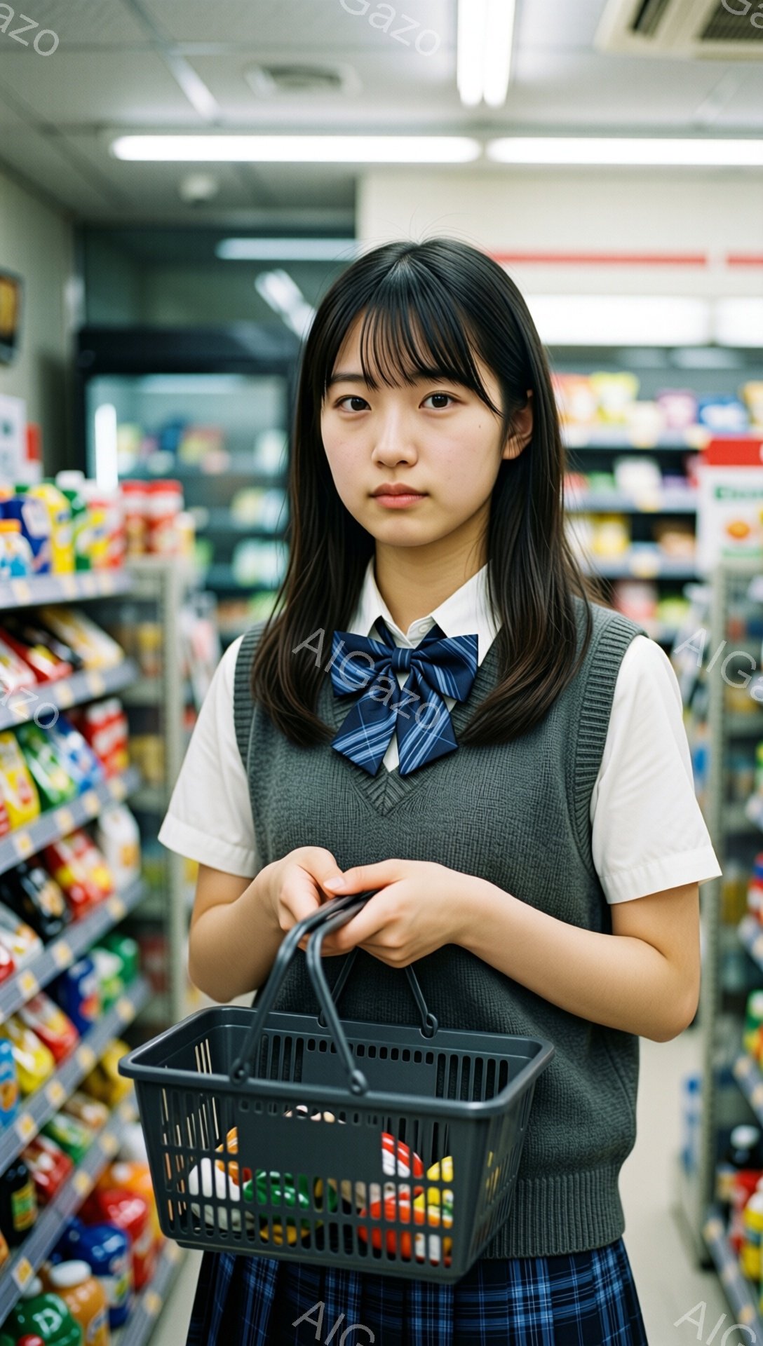 画像には、制服を着た若い女性が写っています。彼女は白いシャツにグレーのベスト、チェック柄のスカート、そして青いリボンを結んだヘアスタイルをしています。女性は黒い買い物かごを持ち、その中にはいくつかの商品が入っており、少し物憂げな表情でカメラを見つめています。