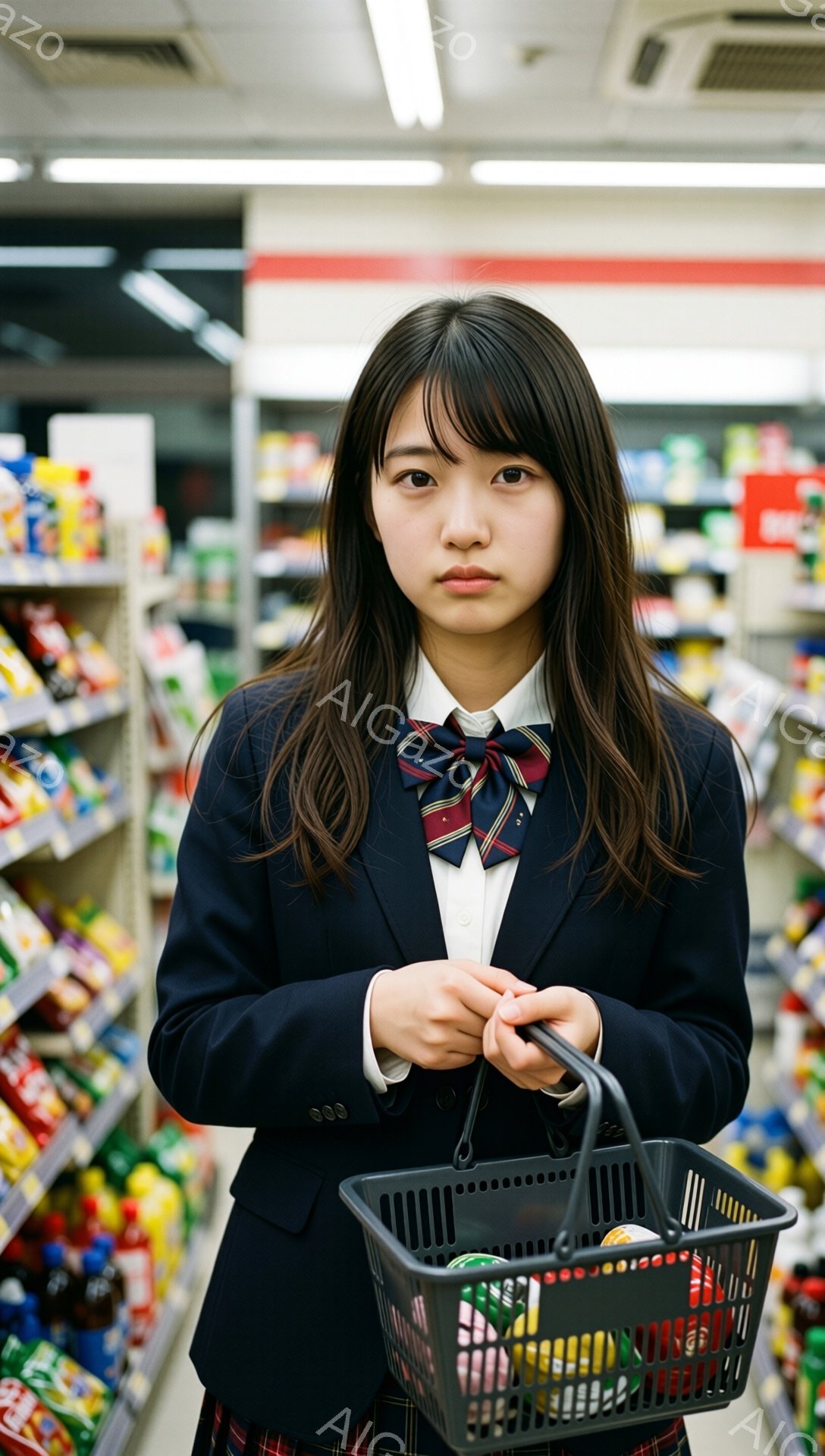 画像には、紺色のブレザーとチェック柄のスカート、リボンを締めた女子高生が立っています。彼女は少し憂鬱そうな表情で、黒い買い物かごを両手で握りしめています。背景には、お菓子や飲み物が並んだスーパーマーケットの棚があり、日常的な買い物の様子がうかがえます。
