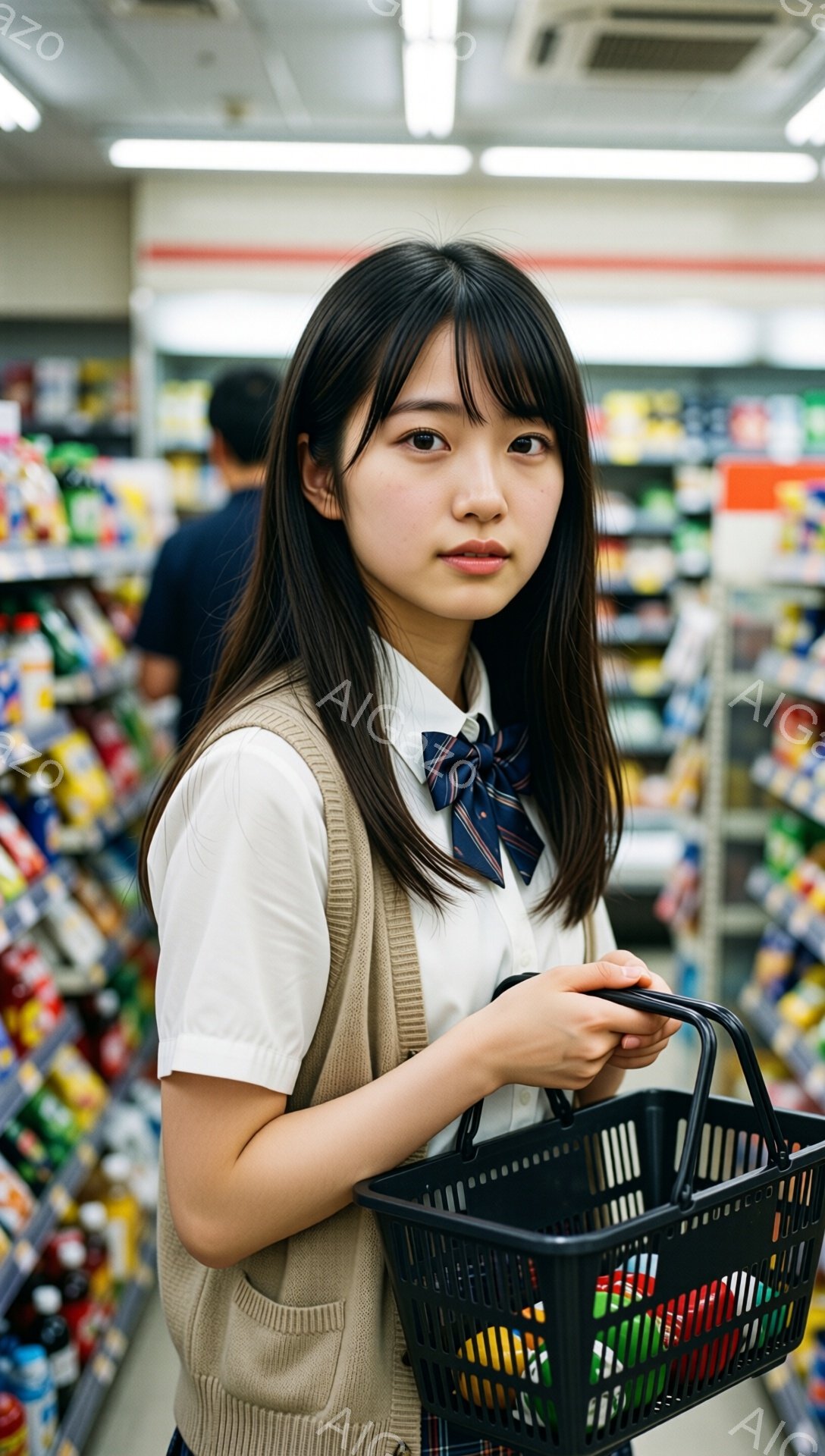 画像には、白いシャツにネイビーのセーターベストとチェック柄のリボンを締めた若い女性が写っています。彼女は黒い買い物かごを持ち、少しこちらを見て、やや控えめな表情をしています。背景は、商品棚が並んだスーパーマーケットの通路で、明るく活気のある雰囲気です。