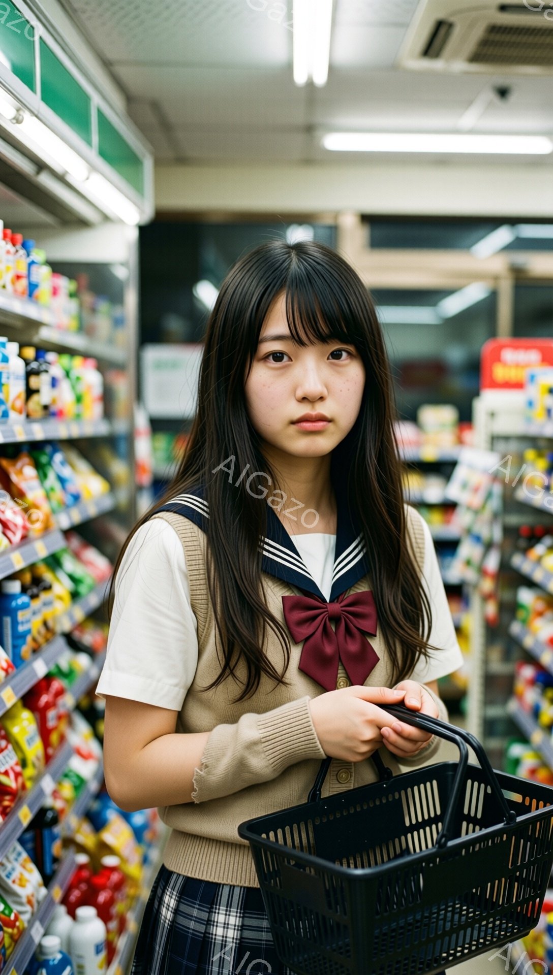 画像には、制服を着た若い女性がスーパーマーケットの通路に立っています。彼女はベージュのカーディガン、チェック柄のスカート、赤いリボン付きのブラウスを着ており、黒い買い物かごを持っています。表情は少し無表情で、正面をまっすぐ見ています。
