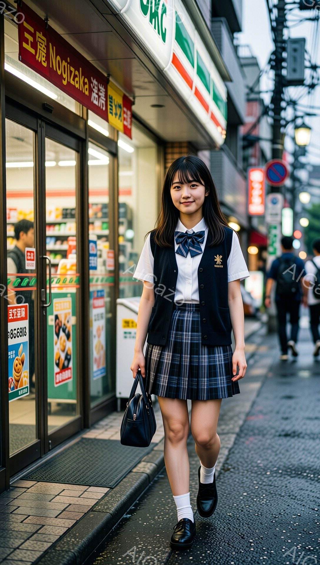 制服を着た女子高生が、コンビニエンスストアの前を歩いている。彼女は白いブラウスに、チェック柄のスカート、紺色のブレザーを着用し、首にリボンを結んでいる。背景には、日本の街並みと雨の兆しが見られ、少し憂いのある雰囲気が漂っている。