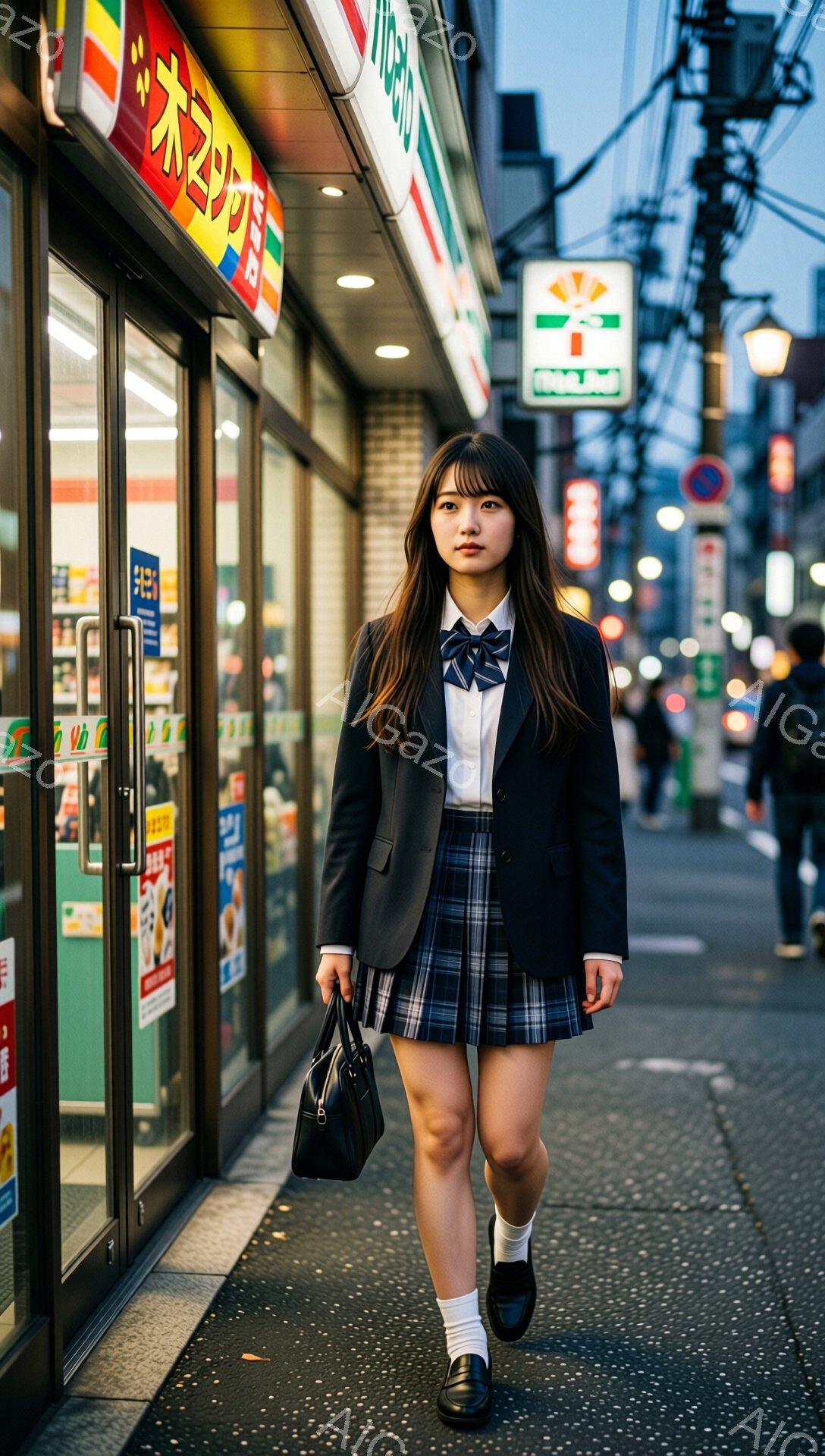 制服姿の女子学生が、通学路と思われる街を歩いている。黒いブレザーにチェックのスカート、白いソックスとローファーを合わせ、肩には黒いハンドバッグをかけている。背景にはコンビニエンスストアや商店が並び、夕暮れ時の落ち着いた雰囲気が漂っている。