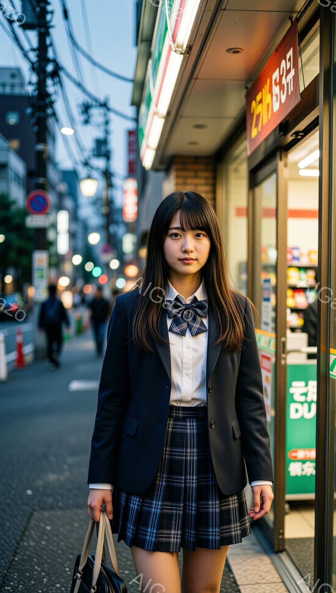 画像は、制服を着た若い女性が写っています。彼女は濃い色のブレザー、白のシャツ、チェック柄のスカート、リボンネクタイを着用し、肩にバッグをかけて立っています。背景には、日本の街並みとコンビニエンスストアが見え、やや夕暮れ時のような雰囲気です。