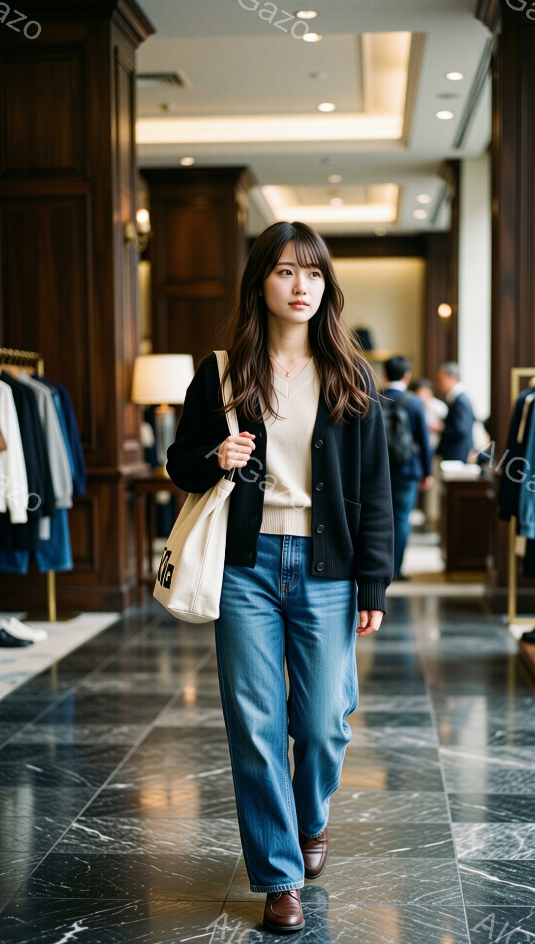 画像には、ベージュのニットに黒のカーディガン、そしてウォッシュ加工のワイドレッグジーンズを着た女性が写っています。彼女は肩にキャンバス地のトートバッグをかけ、茶色の革靴を履いています。背景は、高級感のある大理石の床と木製のショーケースが並ぶ店内であり、全体的に落ち着いた雰囲気です。