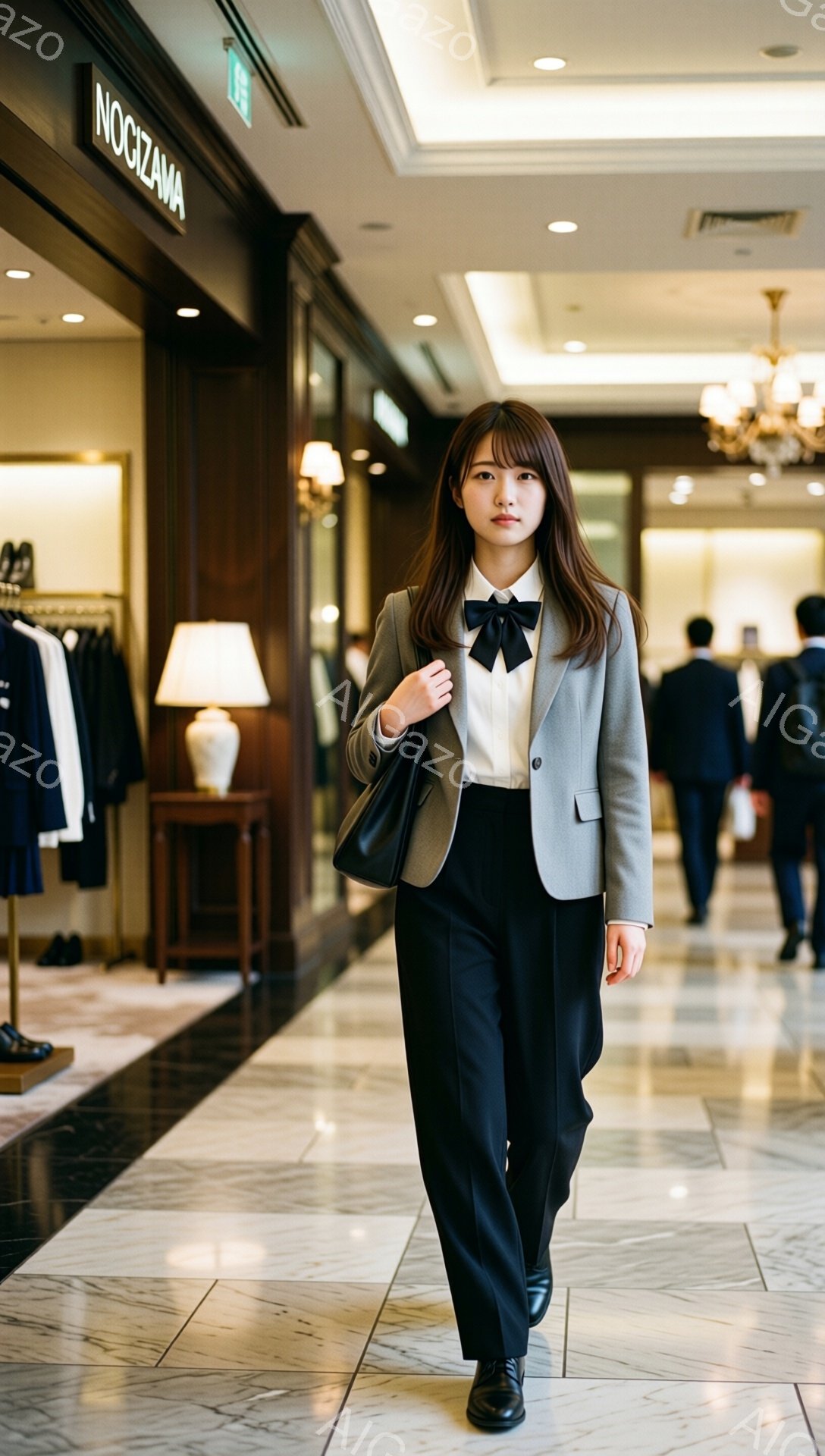 画像には、明るい屋内空間で、灰色のジャケットと黒いワイドパンツ、白いブラウスに黒いリボンタイを着用した若い女性が写っています。彼女は肩に黒いハンドバッグをかけ、少し微笑みながらまっすぐカメラの方を見ています。背景には高級感のある大理石の床、店内のディスプレイ、そして遠くに他の人々が見えます。