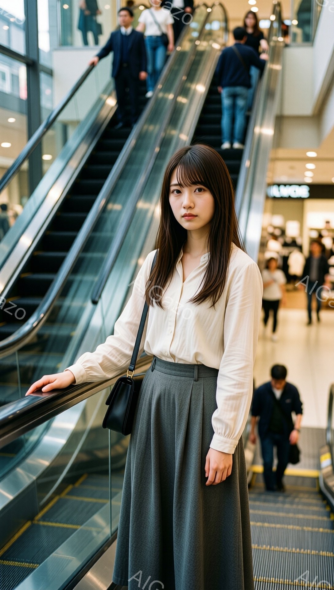 画像には、エスカレーターの前でポーズをとる若い女性が写っています。彼女はオフホワイトのブラウスとグレーのフレアスカートを身に着け、肩に黒いショルダーバッグをかけています。落ち着いた表情で、少し微笑んでいるように見え、全体的に上品で洗練された雰囲気を醸し出しています。