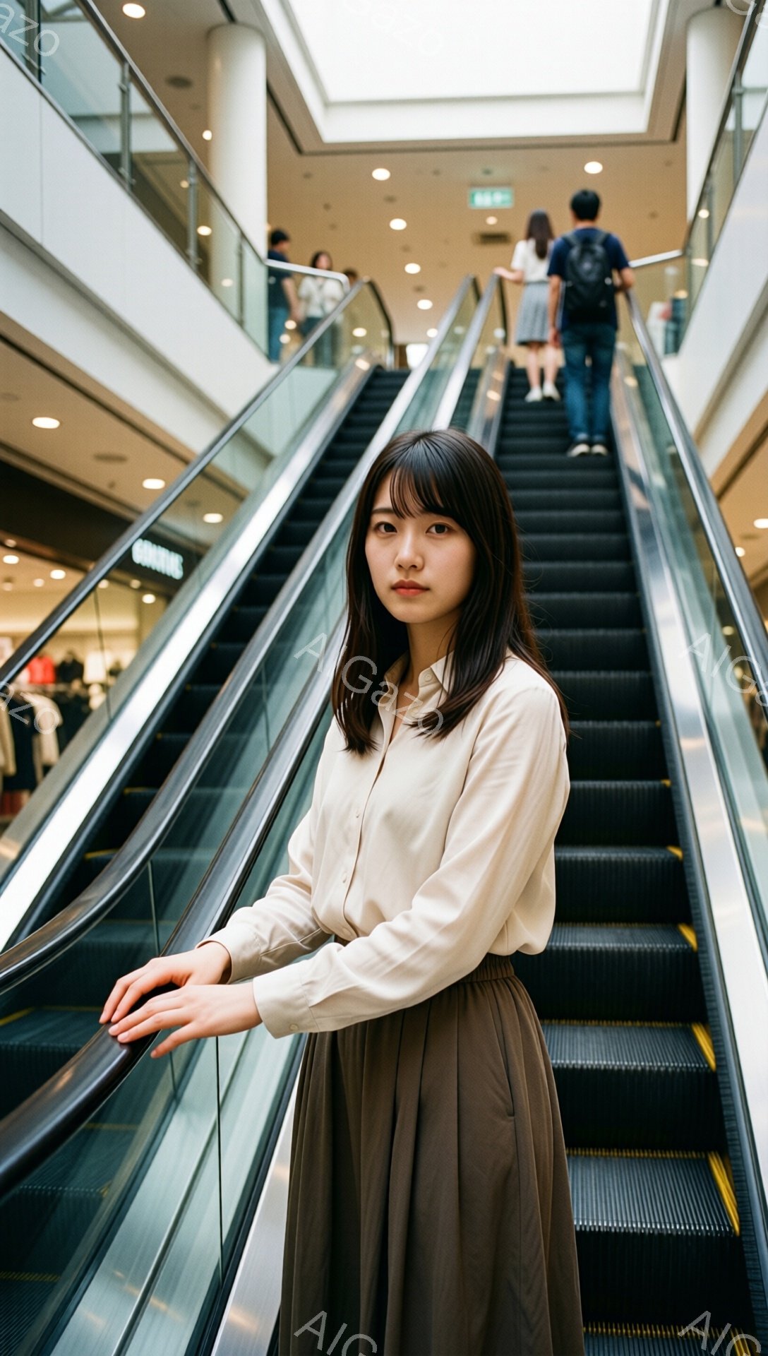 画像には、エスカレーターのそばに立つ若い女性が写っています。ベージュのシャツとブラウンのスカートを身につけ、前髪を下ろしたダークブラウンの髪が特徴的です。彼女は少し真剣な表情で、エスカレーターを見下ろしながら片手を手すりに添えています。