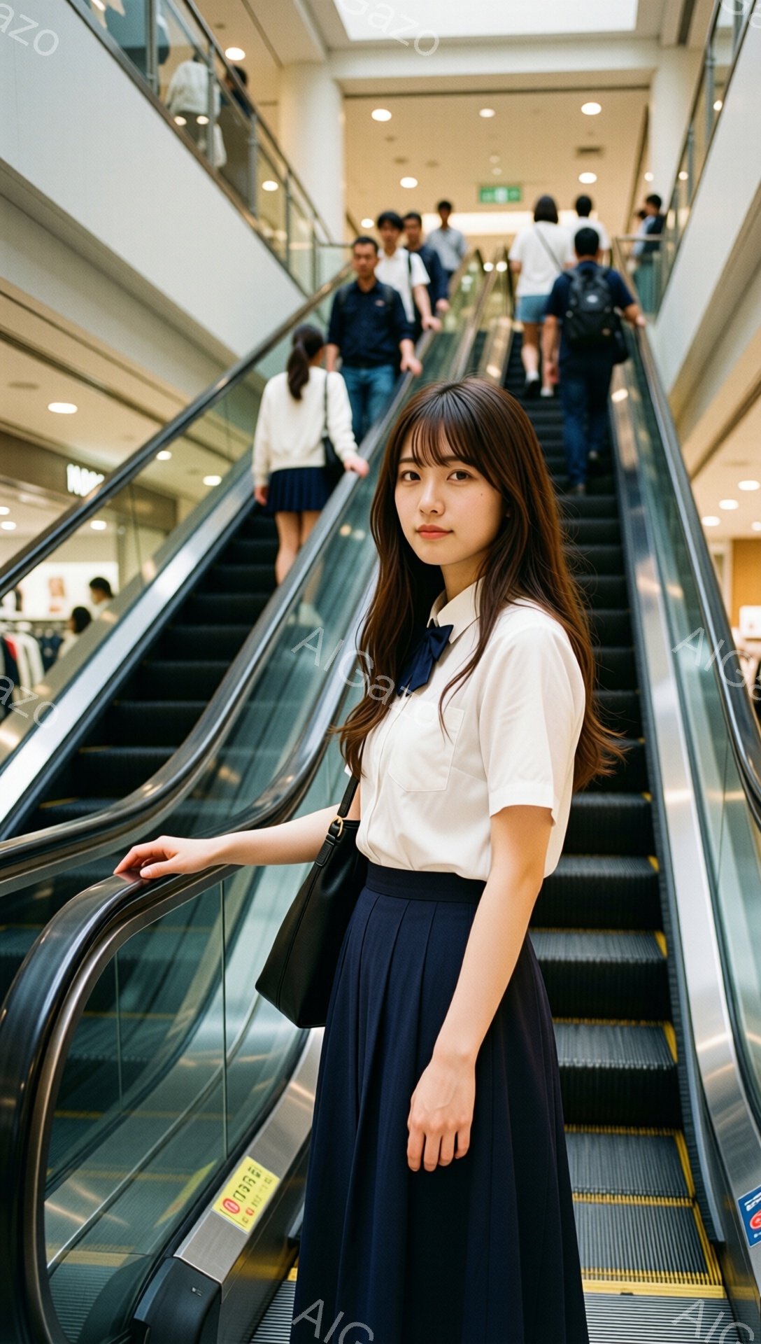 画像には、エスカレーターでポーズをとる若い女性が写っています。彼女は白いブラウスに濃い青色のプリーツスカートを着用し、肩に黒いハンドバッグをかけています。女性は微笑んでおり、その表情は穏やかで、背景には他の人々がエスカレーターを上り下りしています。