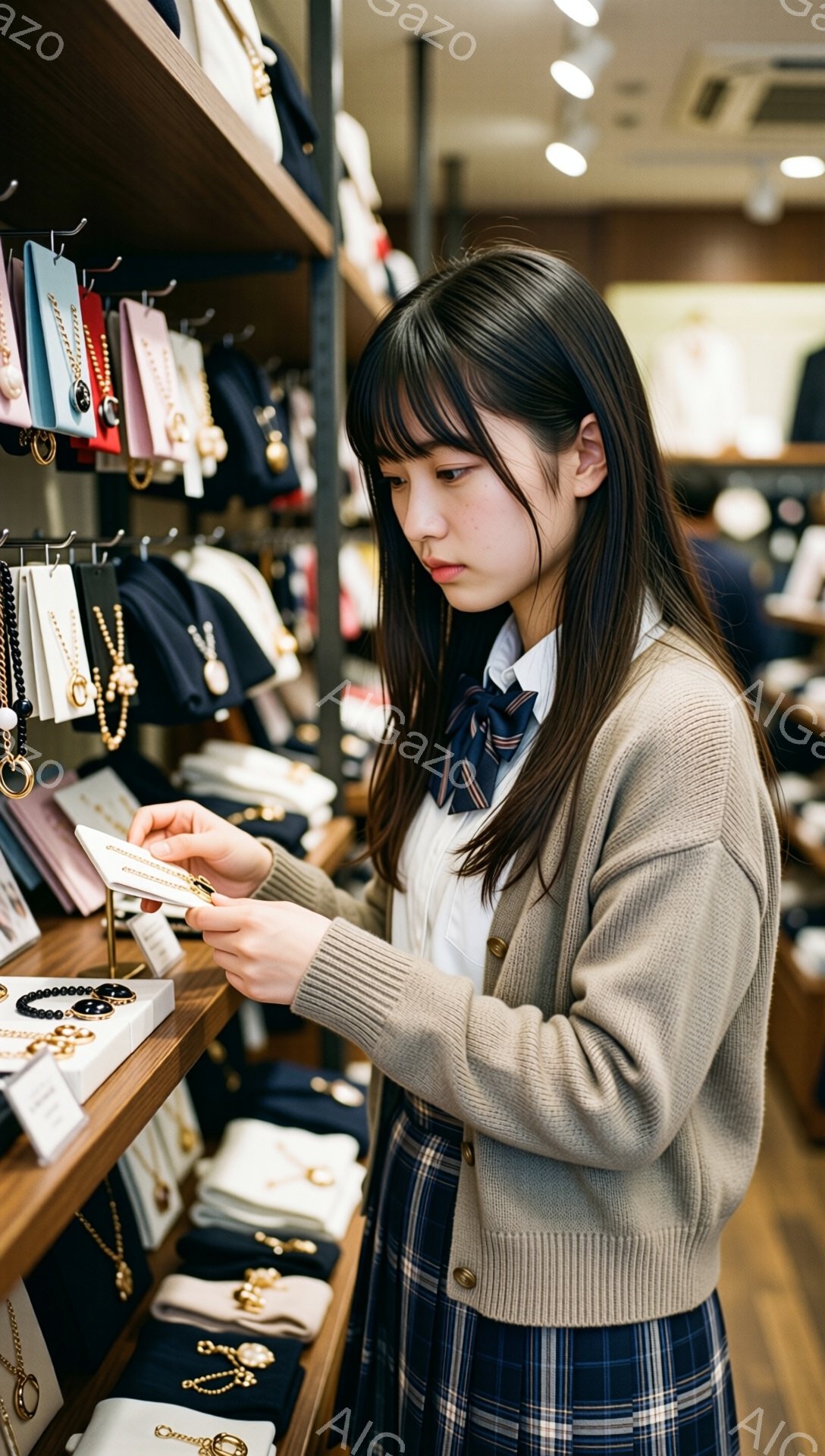 若い女性がアクセサリー店の棚の前で、ブレスレットを見入れています。彼女は白いシャツにベージュのカーディガン、チェック柄のスカートという制服のような服装で、髪は肩にかかる長さで、前髪が目にかかっています。店舗内は明るく、様々なアクセサリーが並んでおり、洗練された雰囲気です。