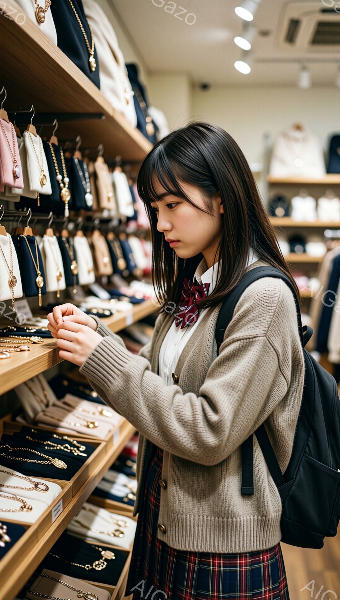 若い女性がアクセサリーのショーケースを覗き込んでいます。ベージュのセーター、チェックのスカート、赤いネクタイと白いシャツを着ており、肩には黒いバックパックを背負っています。背景には、様々なアクセサリーが並んだショーケースが多数あり、店内は明るく整頓されています。