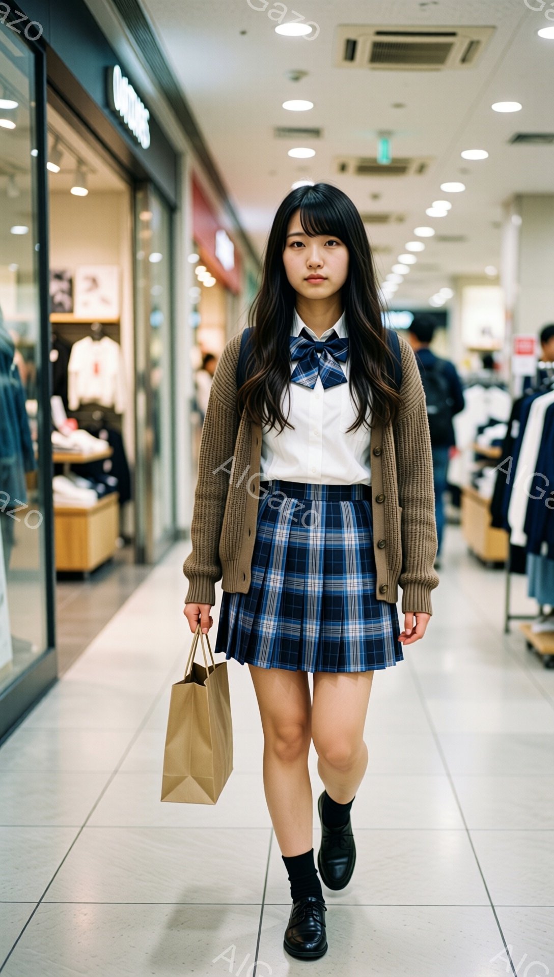 画像には、チェック柄のスカートと白いシャツ、茶色のカーディガンを着た若い女性が写っています。彼女は黒い靴下と靴を履き、手には茶色の紙袋を持っています。背景はショッピングモールの廊下で、他の買い物客や衣料品店が見え、明るい照明が施されています。