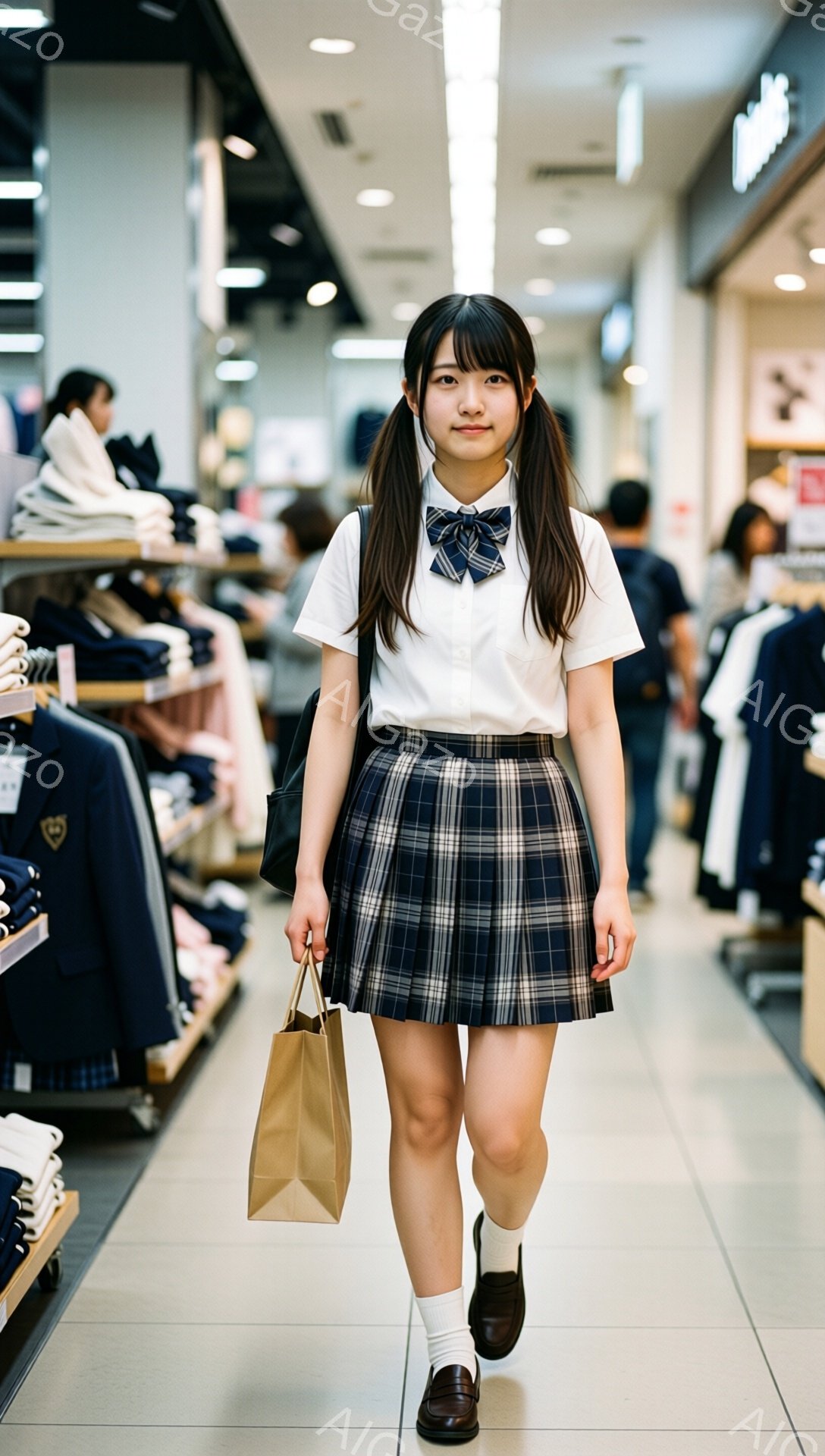 画像には、制服姿の若い女性が映っています。彼女は白いシャツにネクタイ、チェック柄のプリーツスカート、白いソックス、そして茶色のローファーを履いています。女性は茶色の紙袋を持って、店内で歩いており、少し微笑んだ表情で前を見つめています。