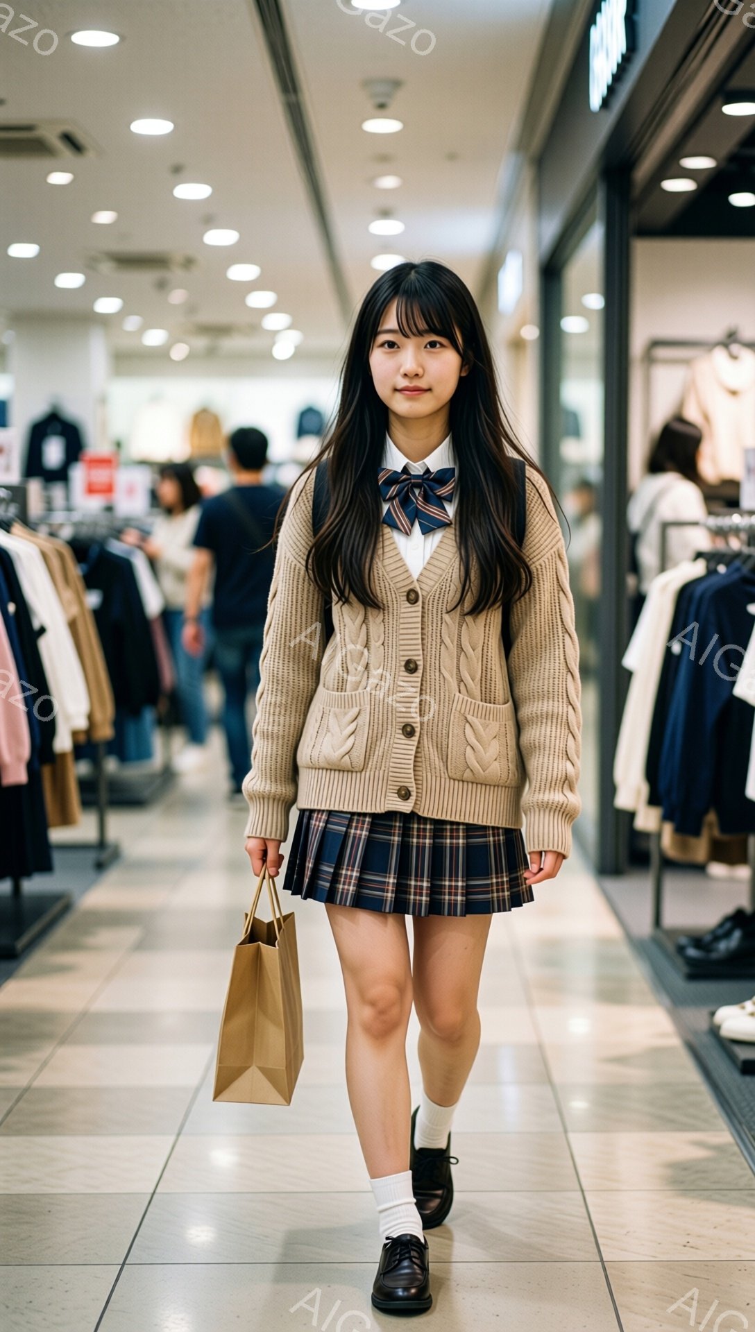 明るい店内を、制服風の服装をした若い女性が歩いている。ベージュのケーブルニットカーディガンに、チェック柄のプリーツスカート、白いソックスと黒いローファーを履いており、首にはリボンが付いた白いブラウスを着ている。彼女は茶色の紙袋を持ち、まっすぐに前を見据え、少し微笑んでいるように見える。