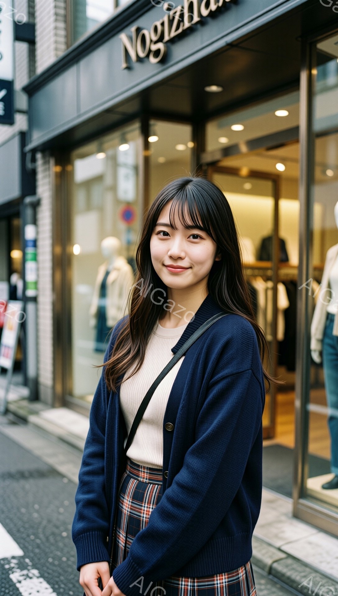 若い女性が紺色のカーディガンを羽織り、ベージュのインナーとチェック柄のスカートを着用しています。彼女はわずかに微笑んでおり、肩に斜めがけにしたバッグが見えます。背景にはガラス張りの店舗があり、歩道で撮影された写真からは、都会的な雰囲気を感じられます。