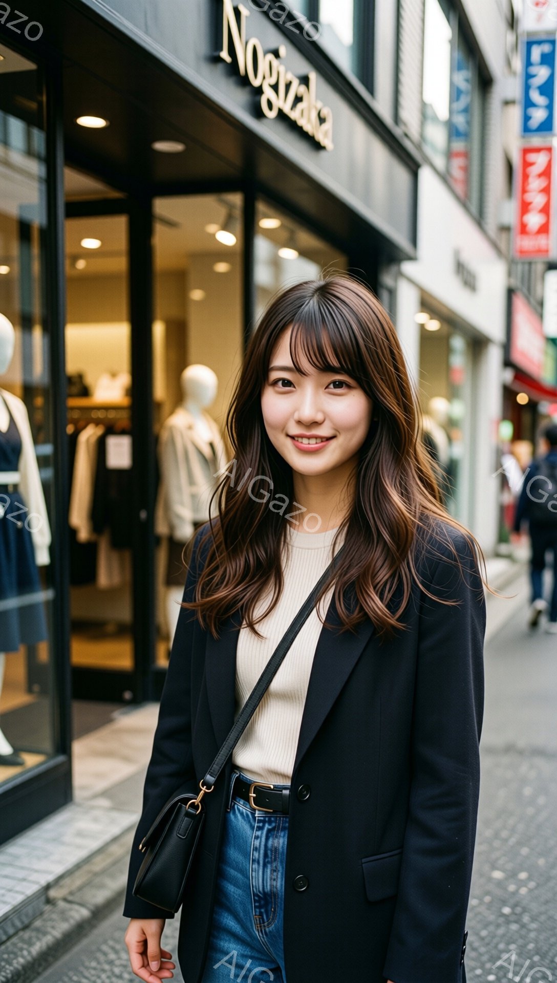 女性は、ベージュのニットにブルーのジーンズ、そして黒いブレザーを羽織っています。髪は肩までの長さで、ゆるやかなウェーブがかかっています。背景にはお店があり、街中の様子がうかがえます。