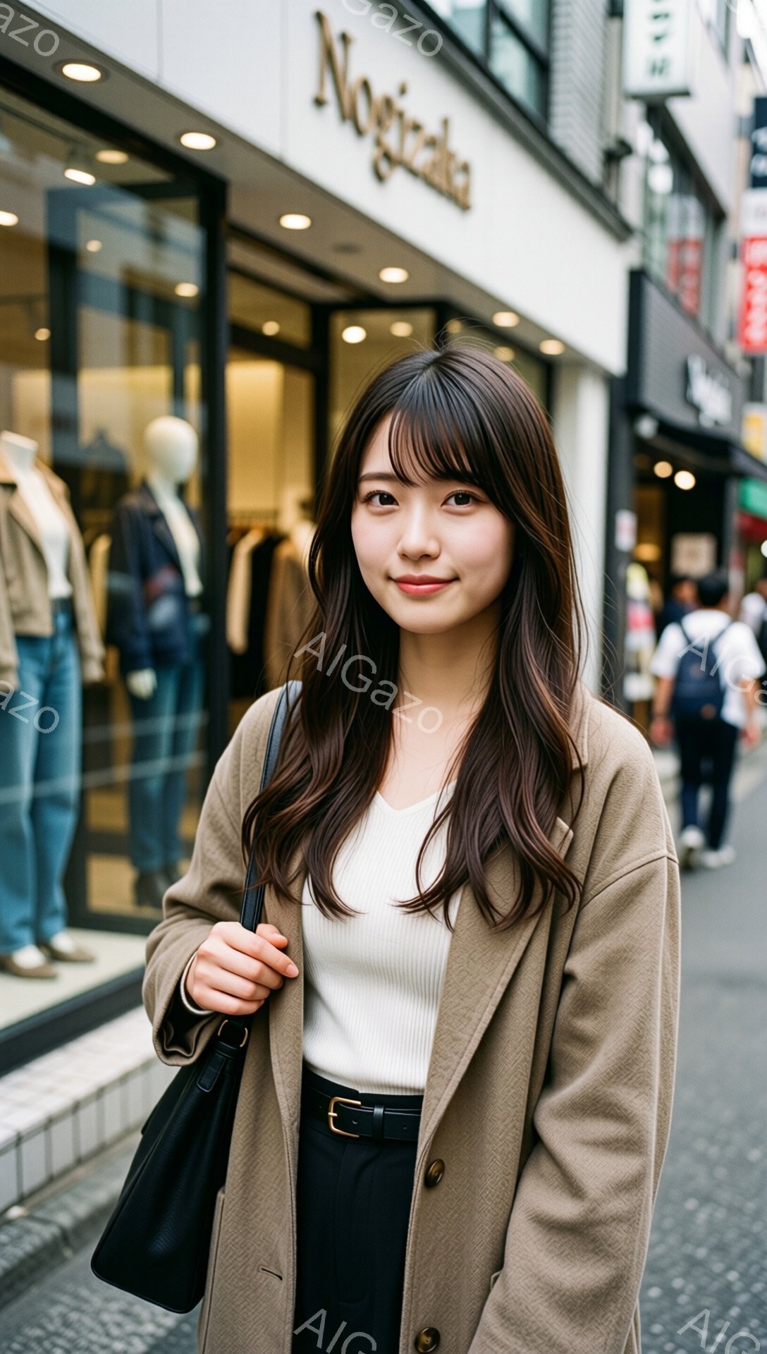 長い茶色の髪を肩にかかるように流し、前髪は少しふんわりとさせている女性が写っています。ベージュのコートに白いインナー、黒いパンツとベルトを着用し、肩に黒いハンドバッグをかけて立っています。背景には洋服屋があり、歩行者が通り過ぎる賑やかな街並みが広がっています。