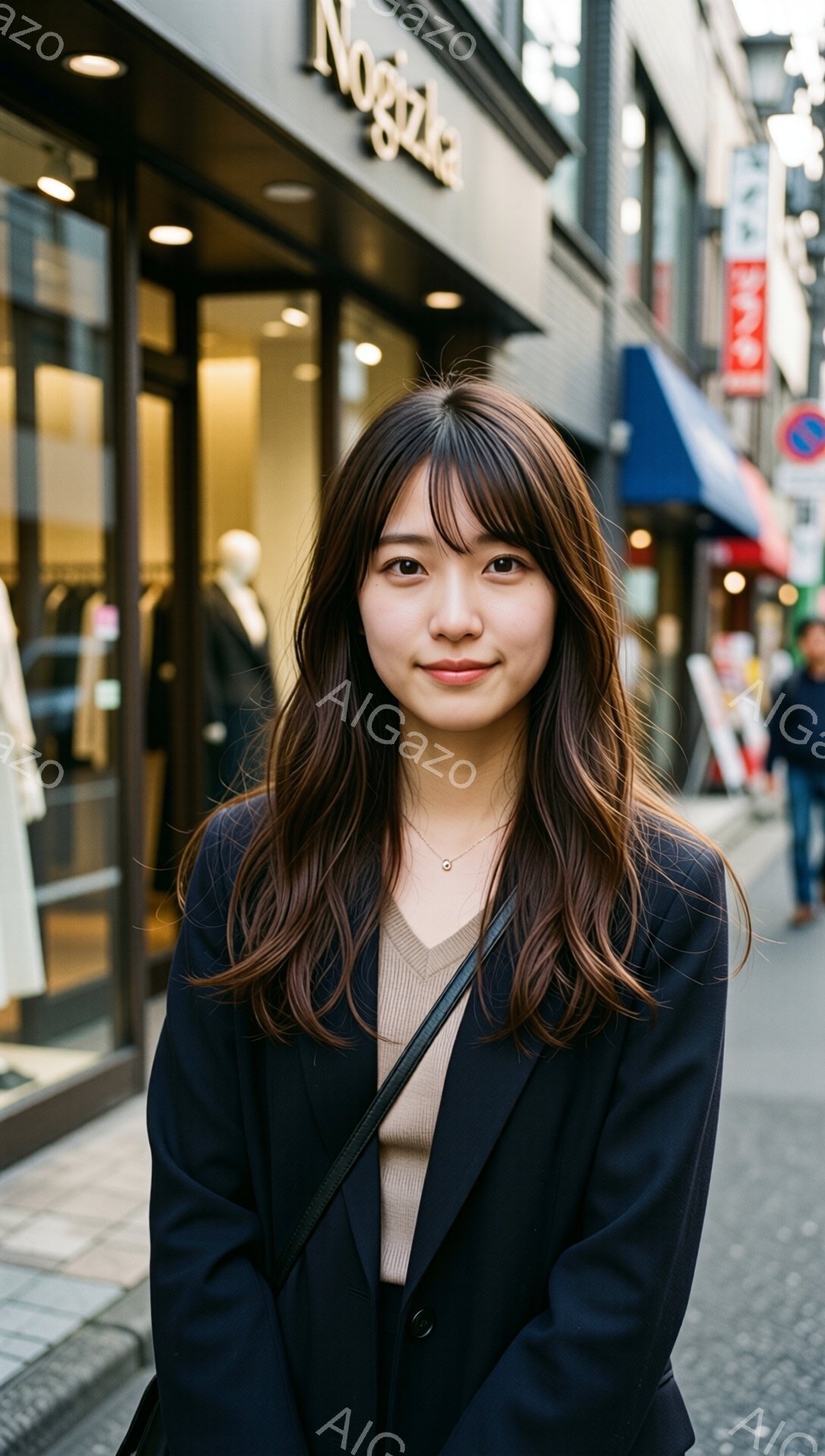 長い茶色の髪を肩まで伸ばした若い女性が、黒いジャケットとベージュのニットを着ています。彼女はわずかに微笑んでおり、首には細いネックレスが光っています。背景には、ショーウィンドウのある店や歩行者、そして少し曇り空の街並みが見えます。