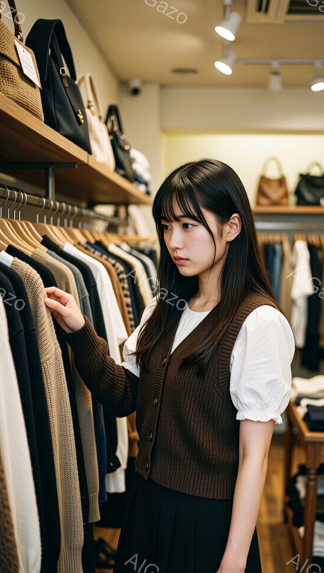長い黒髪で前髪が目に少しかかる女性が、お店でセーターを眺めている。彼女は白いブラウスと茶色のカーディガン、黒いスカートを身に着けており、何かを選ぶように注意深くセーターのテクスチャを見ている。背景には、さまざまな色のセーターが並んだラックと、上段に置かれたバッグが見え、店内は明るく落ち着いた雰囲気だ。