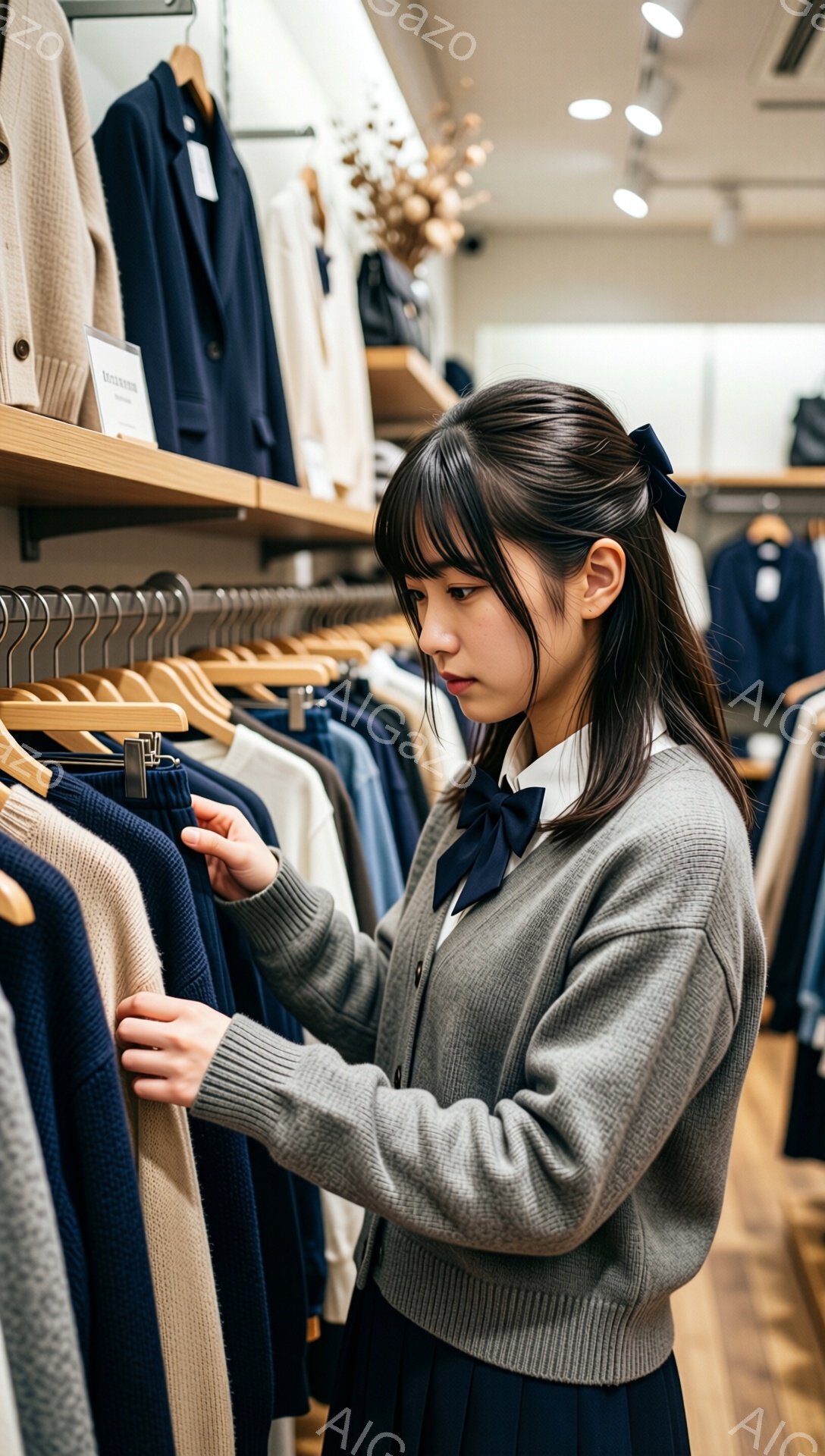 若い女性が店内で服を選んでいる様子が写っています。彼女は白いシャツにグレーのカーディガン、紺色のスカートを着用し、髪を軽く結んでいます。真剣な表情でハンガーに掛けられたセーターを手に取り、購入を検討しているようです。