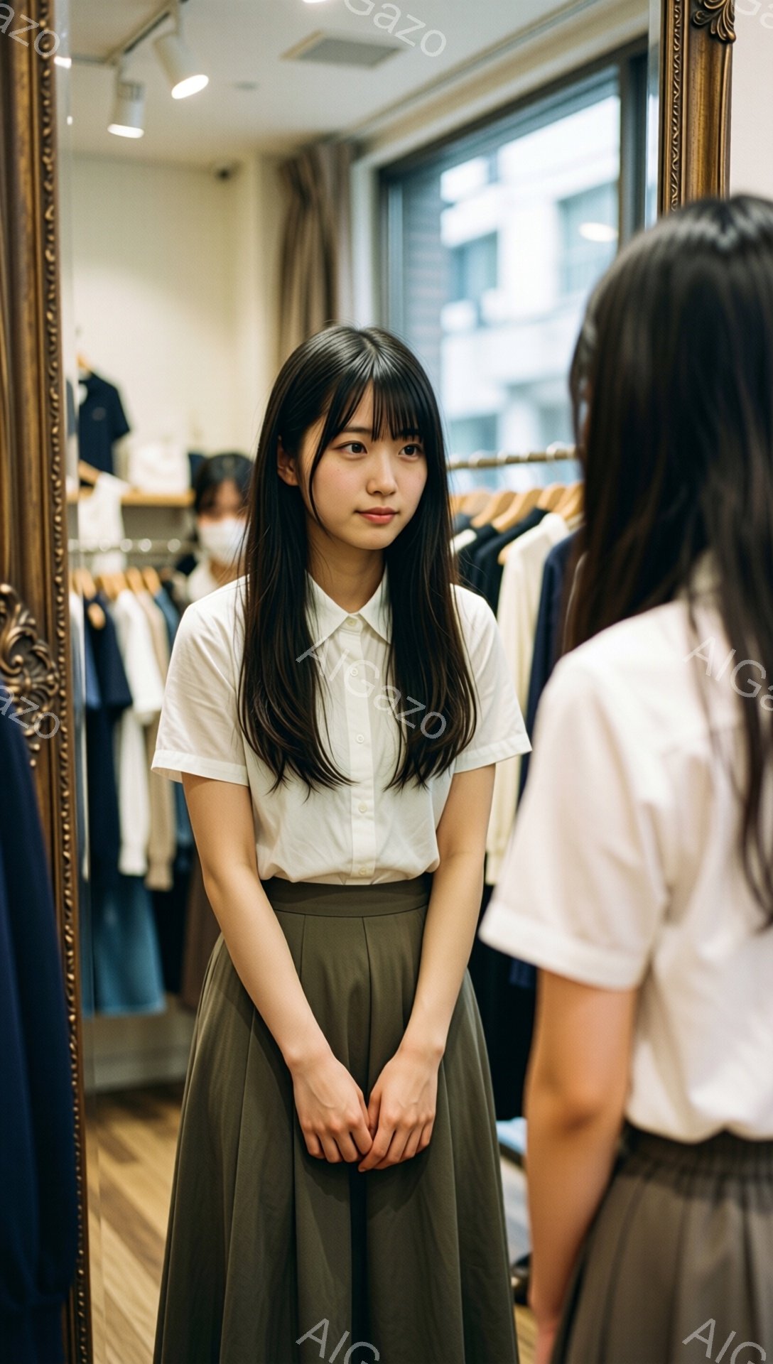 画像は、茶色のスカートと白いシャツを着た若い女性を捉えています。彼女はストレートヘアで、前髪が目の上にかかっています。背景には洋服が並んだ店内の様子が見え、控えめで落ち着いた雰囲気が漂っています。