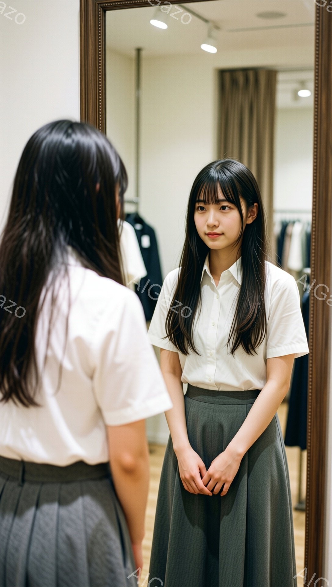 画像には、フィッティングルームで鏡に映る女性が写っています。彼女は白いシャツとグレーのプリーツスカートを着用し、長い黒髪をセンターパートにしています。表情は穏やかで、やや緊張した様子で、両手を前に組んで立っています。