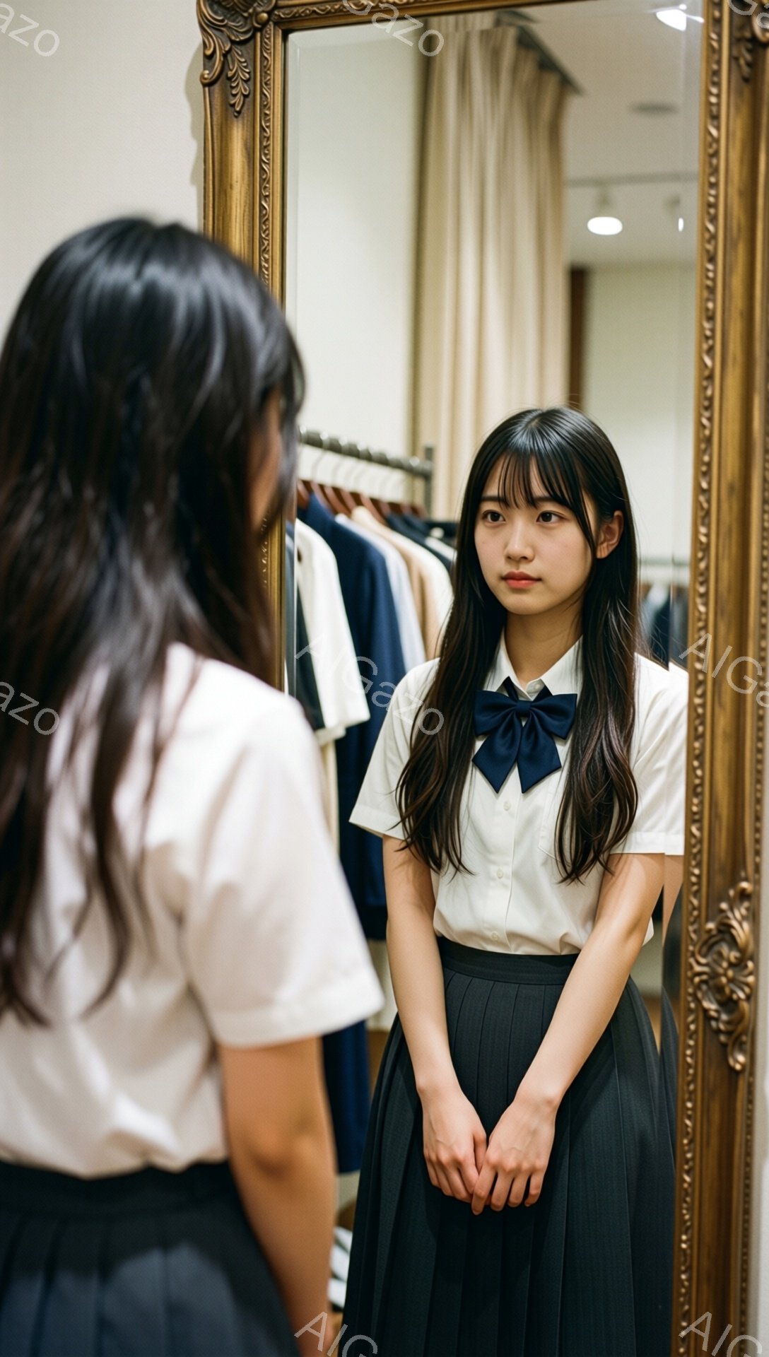 この女性は、白いブラウスと黒いプリーツスカートを着用し、鏡の前で立っています。彼女は長い黒髪を肩まで垂らし、前髪を少しカールさせています。表情はやや無表情で、落ち着いた雰囲気を醸し出しています。