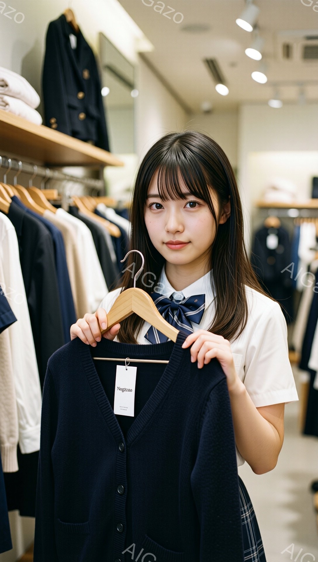 画像は、紺色のカーディガンをハンガーにかけている若い女性を捉えています。彼女は白いブラウスとチェックのスカートの制服を着ており、ダークブラウンの髪は肩にかかる長さで、前髪は少し流されています。背景には、他の服が並んだ衣料品店が見え、明るく清潔な雰囲気です。