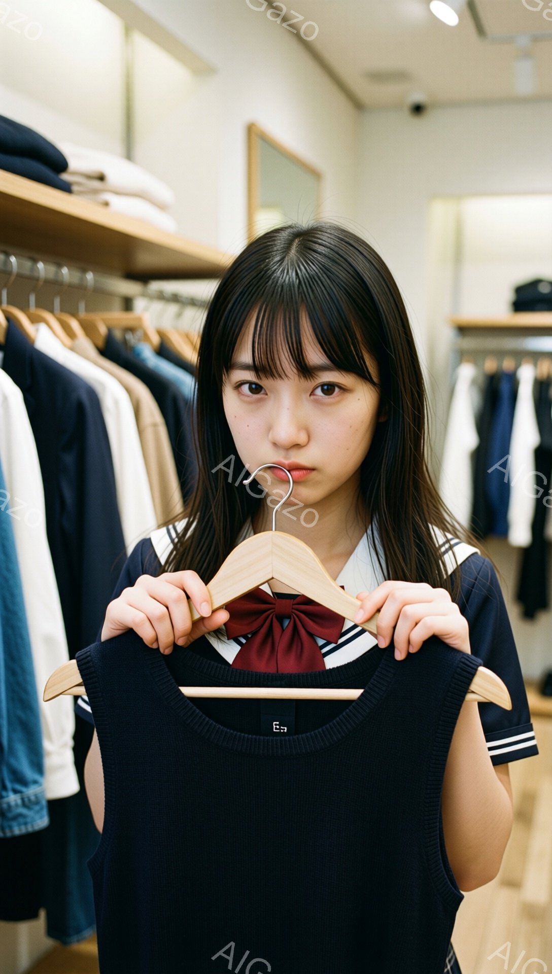画像には、制服姿の若い女性が、ハンガーに掛けられた黒いベストを両手で持っている様子が写っています。彼女は前髪を下ろした黒髪で、少し眉間にしわを寄せた表情で、どこか物憂げな雰囲気です。背景には服が並んだ棚が見え、お店の中であることがわかります。