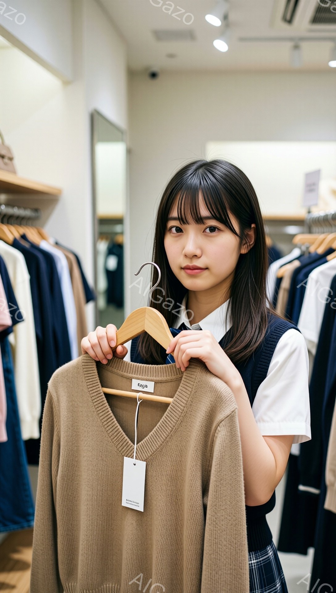 画像には、紺色のベストとチェックのスカートを着用した若い女性が写っています。彼女は茶色のセーターをハンガーにかけた状態で持ち、穏やかな微笑みを浮かべています。背景には、様々な色の服が並んだ衣料品店が見え、明るく清潔な雰囲気です。