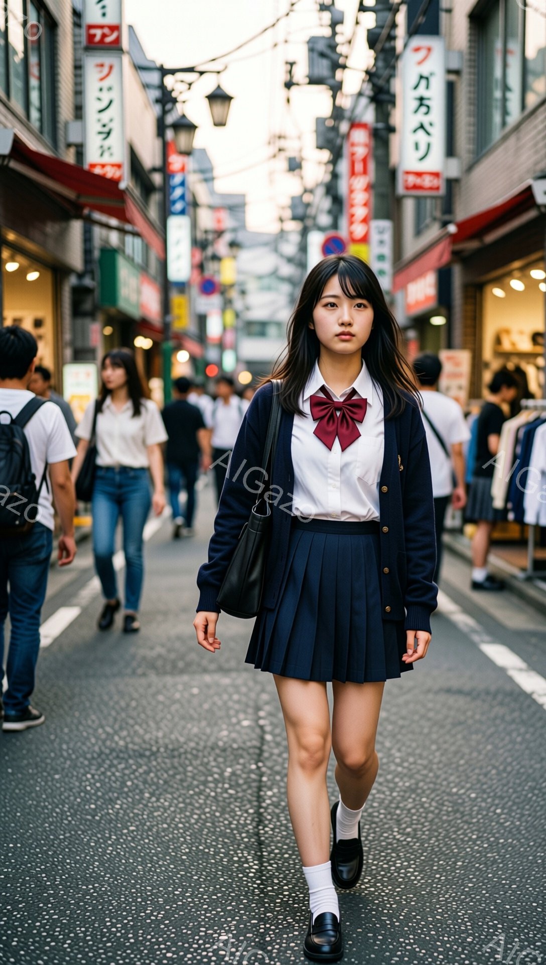 画像には、紺色のブレザーとプリーツスカートの制服を着た若い女性が写っています。彼女は白いソックスと黒い革靴を履き、肩に黒いハンドバッグをかけて、少し前かがみの姿勢で歩いています。背景は、店舗が立ち並ぶ狭い通りで、多くの人が歩いており、活気のある都会の雰囲気が漂っています。