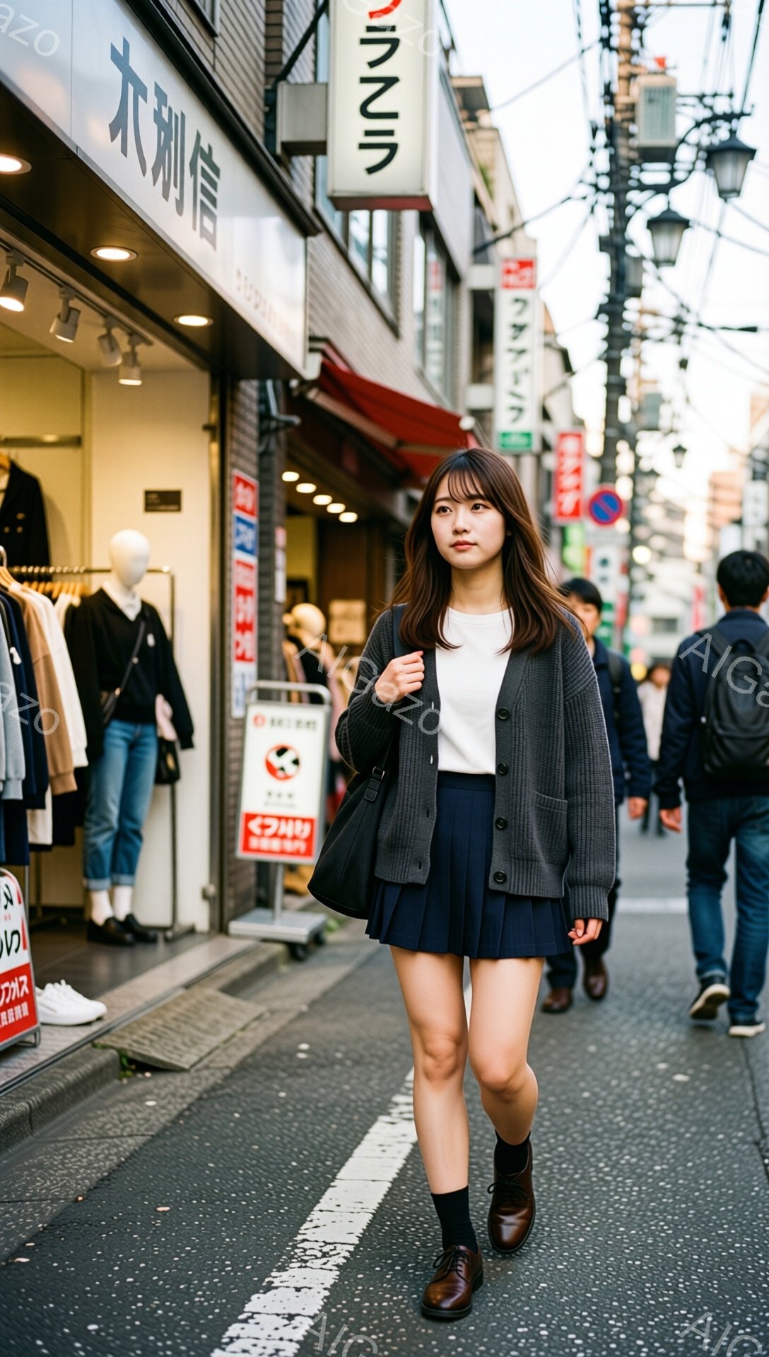 画像には、グレーのカーディガン、白いトップス、紺色のプリーツスカートを身に着けた若い女性が写っている。彼女は黒いソックスと茶色の靴を履き、肩に黒いバッグをかけて歩いている。背景には商店街の風景が広がり、多くの人が歩き、活気のある都市の雰囲気が感じられる。