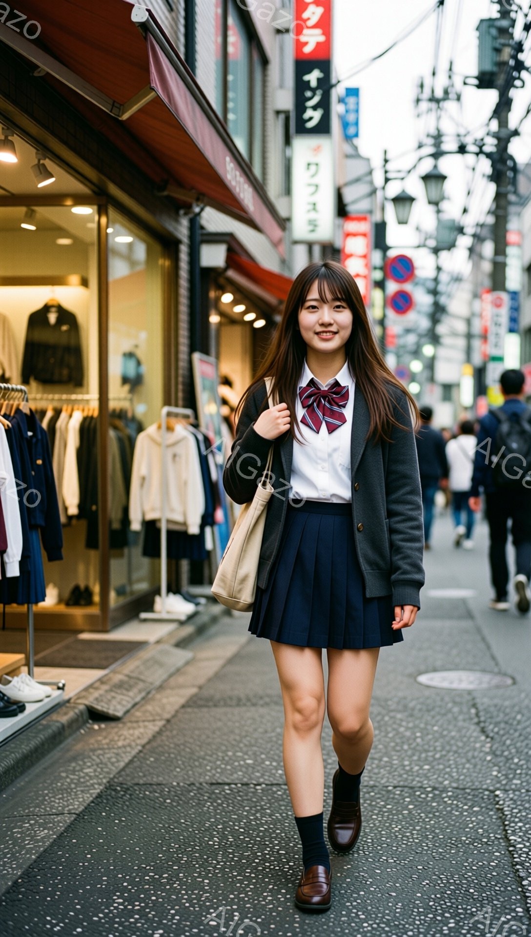 画像には、紺色のプリーツスカートと白いシャツ、グレーのカーディガンを着た若い女性が写っています。彼女は肩にベージュ色のバッグをかけ、黒い靴下と革靴を履いており、少し微笑んでいます。背景には、商店街の建物と歩行者がおり、全体的に賑やかで日常的な雰囲気が漂っています。