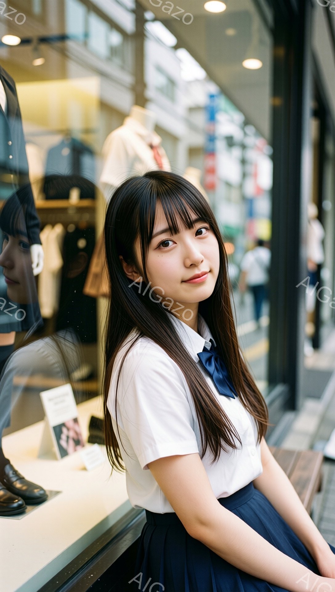 明るい日差しの中、制服を着た若い女性が写っている。彼女は黒髪で、前髪が目にかかるようにカットされ、白いシャツと濃い青色のスカート、そしてリボンを着用している。女性は微笑んでおり、カメラに向かって少し顔を傾けているように見える。