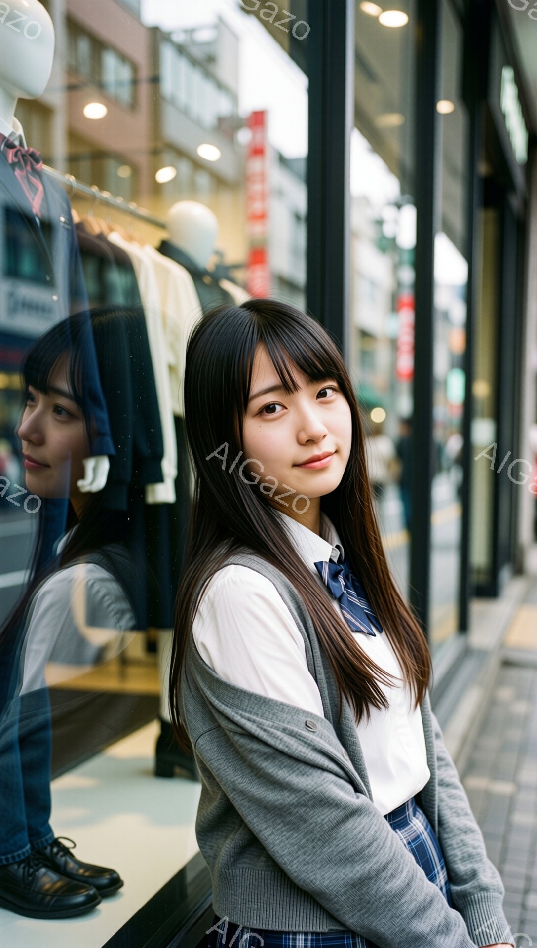 画像は、制服を着た若い女性が写っています。彼女はグレーのカーディガン、白いシャツ、ネクタイ、チェック柄のスカートを着用し、少し微笑んでいます。背景には、ショーウィンドウと街並みがぼやけて見え、晴れた日の穏やかな雰囲気です。
