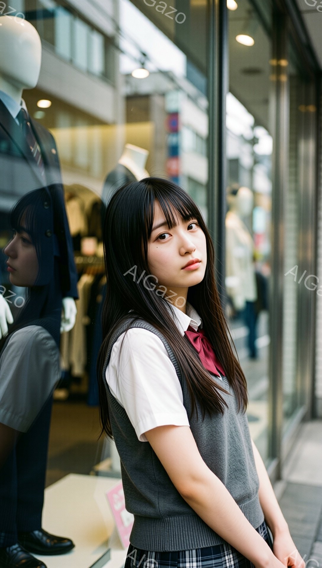 長い黒髪で、前髪は眉毛にかかる程度に切り揃えられた若い女性が写っている。彼女は白いシャツにグレーのベスト、チェック柄のスカートという制服のような服装をしており、赤いネクタイがアクセントになっている。背景にはショーウィンドウがあり、人形や服が映り込んでおり、商店街のような場所で撮影された様子が窺える。