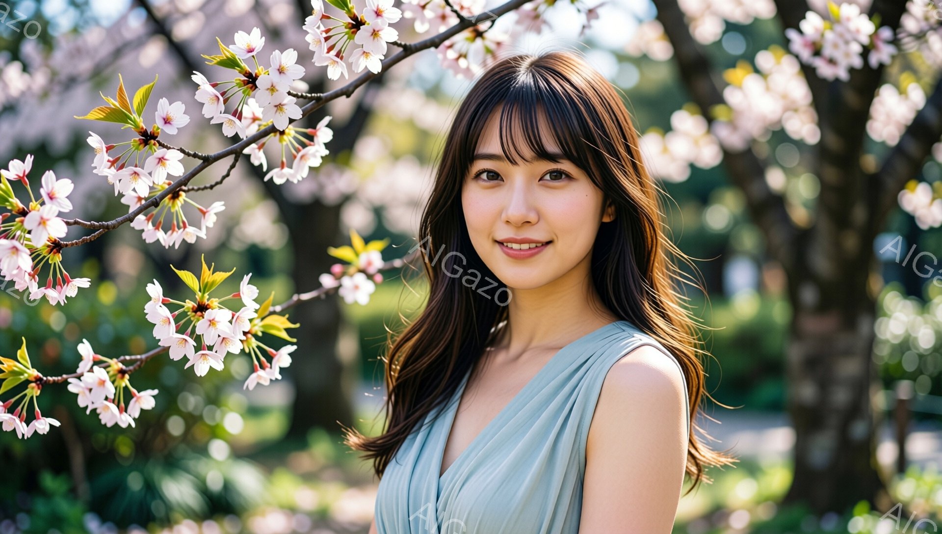 彼女は薄い緑色のドレスを着て、ゆるいウェーブのかかった長い髪を下ろしています。彼女は微笑んでおり、優しい印象を与えます。背景には桜の花が咲き乱れ、春の穏やかで美しい雰囲気を醸し出しています。 - AI生成フリー素材