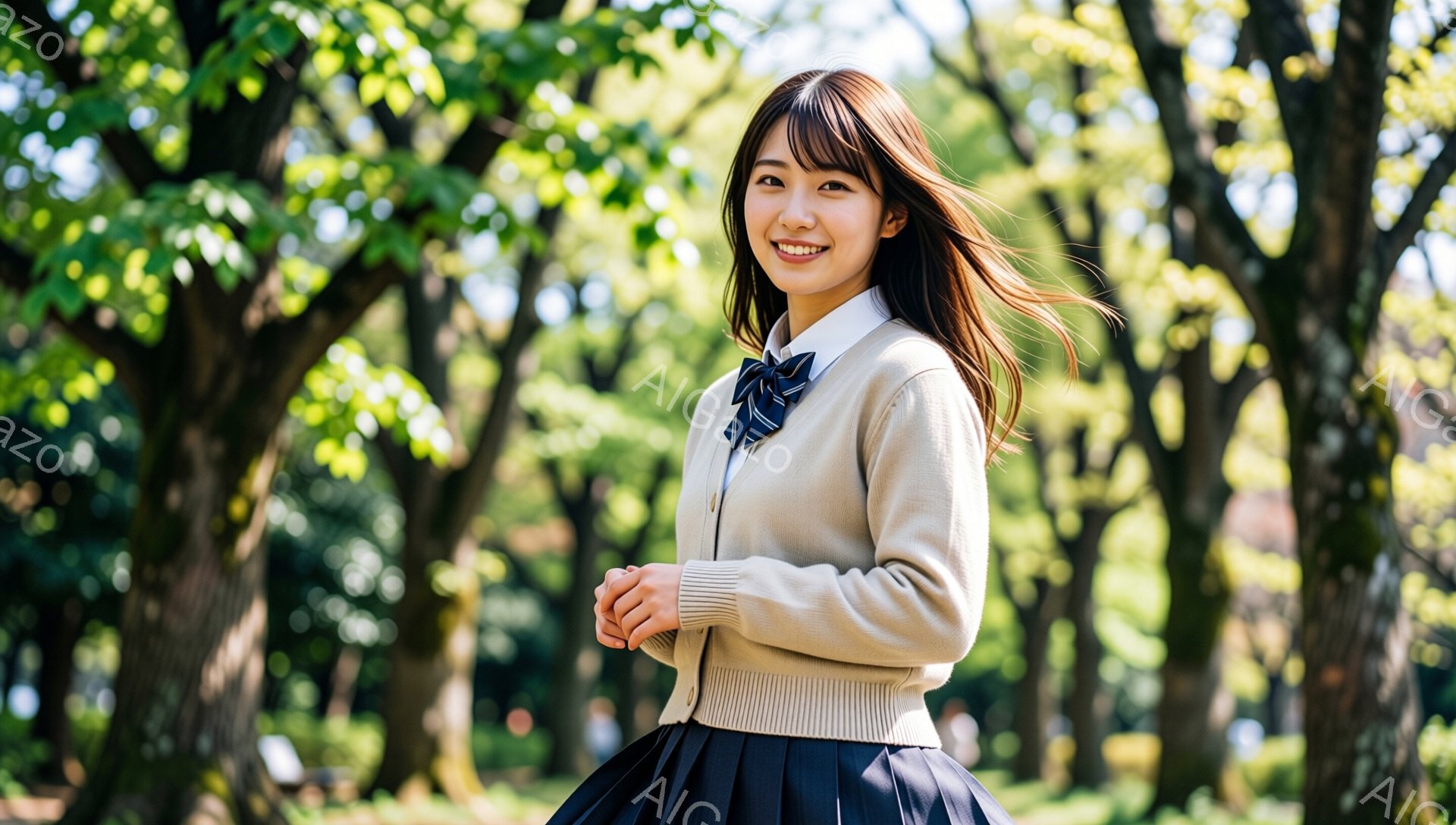 明るい日差しの中で、茶色のカーディガンに濃い青色のプリーツスカートを身につけた若い女性が写っています。彼女は微笑み、髪をかき上げている最中で、リラックスした姿勢でカメラを見つめています。背景には緑豊かな木々が生い茂り、春の穏やかな雰囲気を醸し出しています。