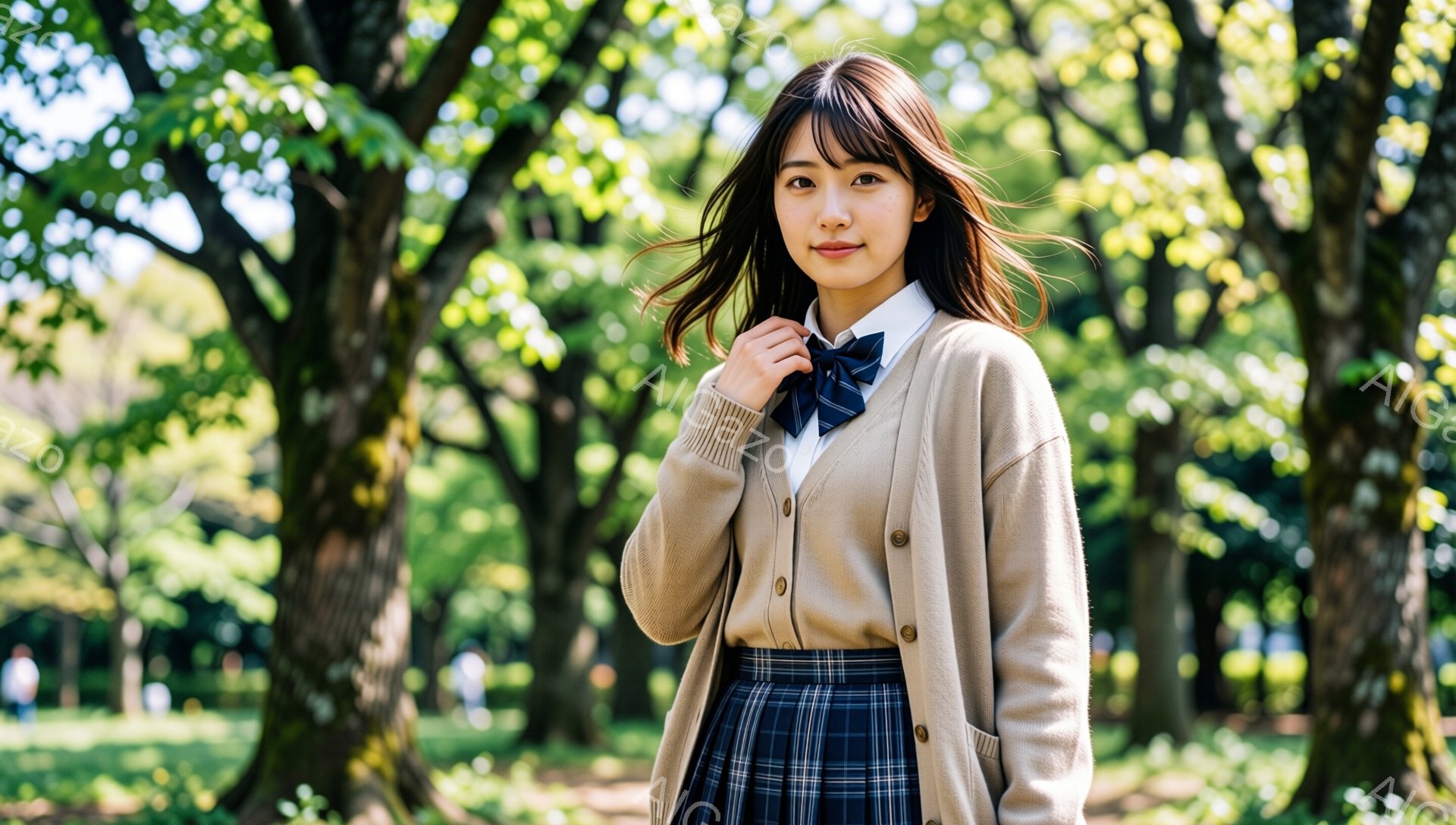 若い女性が、ベージュ色のカーディガン、チェック柄のスカート、濃い青色のリボンタイを着用し、木の間に立っています。彼女は少し微笑んでおり、視線はカメラの方を向いています。背景には緑豊かな木々と明るい日差しが見え、春または夏の穏やかな公園の雰囲気が漂っています。