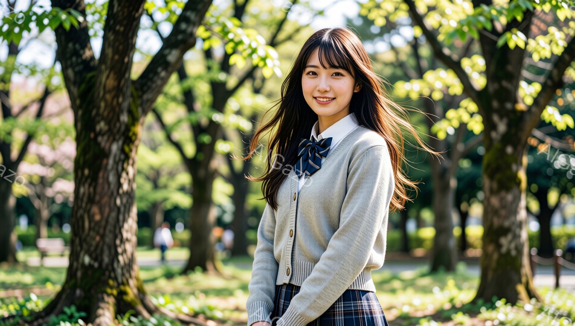 若い女性が公園で微笑んでいます。彼女はグレーのカーディガン、チェック柄のスカート、ネクタイを着用しており、髪は肩までの長さで、少しカールがかかっています。背景には緑豊かな木々と日差しが差し込み、春の穏やかな雰囲気が漂っています。