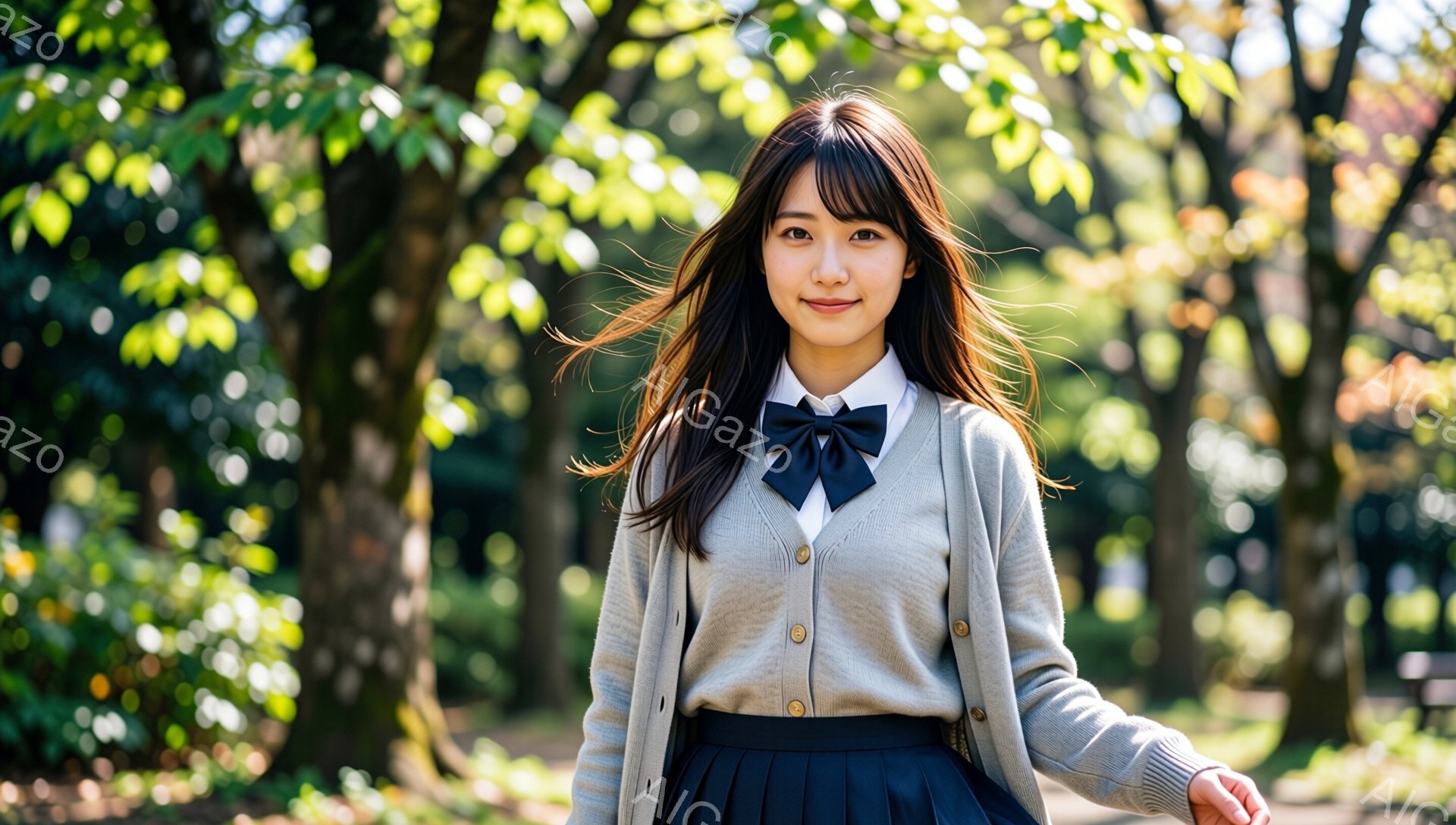 長い黒髪で、前髪は眉毛にかかるように流されています。灰色のカーディガンに白いシャツ、そして濃い青色のプリーツスカートという制服を着ており、首にはリボンをつけています。背景は緑豊かな公園で、木々が生い茂り、穏やかな日差しが差し込んでいます。