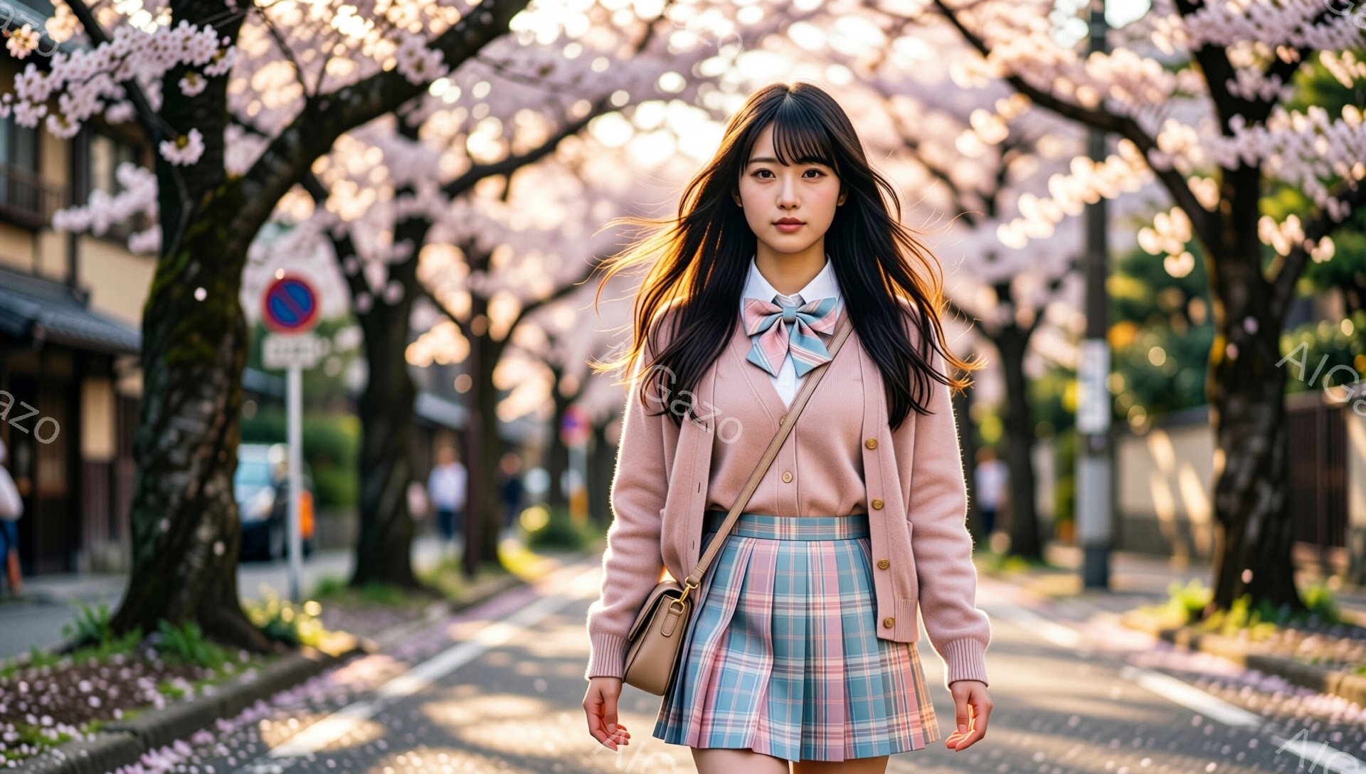 桜並木が続く道で、制服姿の若い女性が正面を向いて立っている。ピンクのカーディガンにチェック柄のスカート、リボン付きのブラウスが印象的で、長い黒髪は風になびいている。背景には住宅や桜の木々がぼやけており、春の穏やかで華やかな雰囲気が漂う。