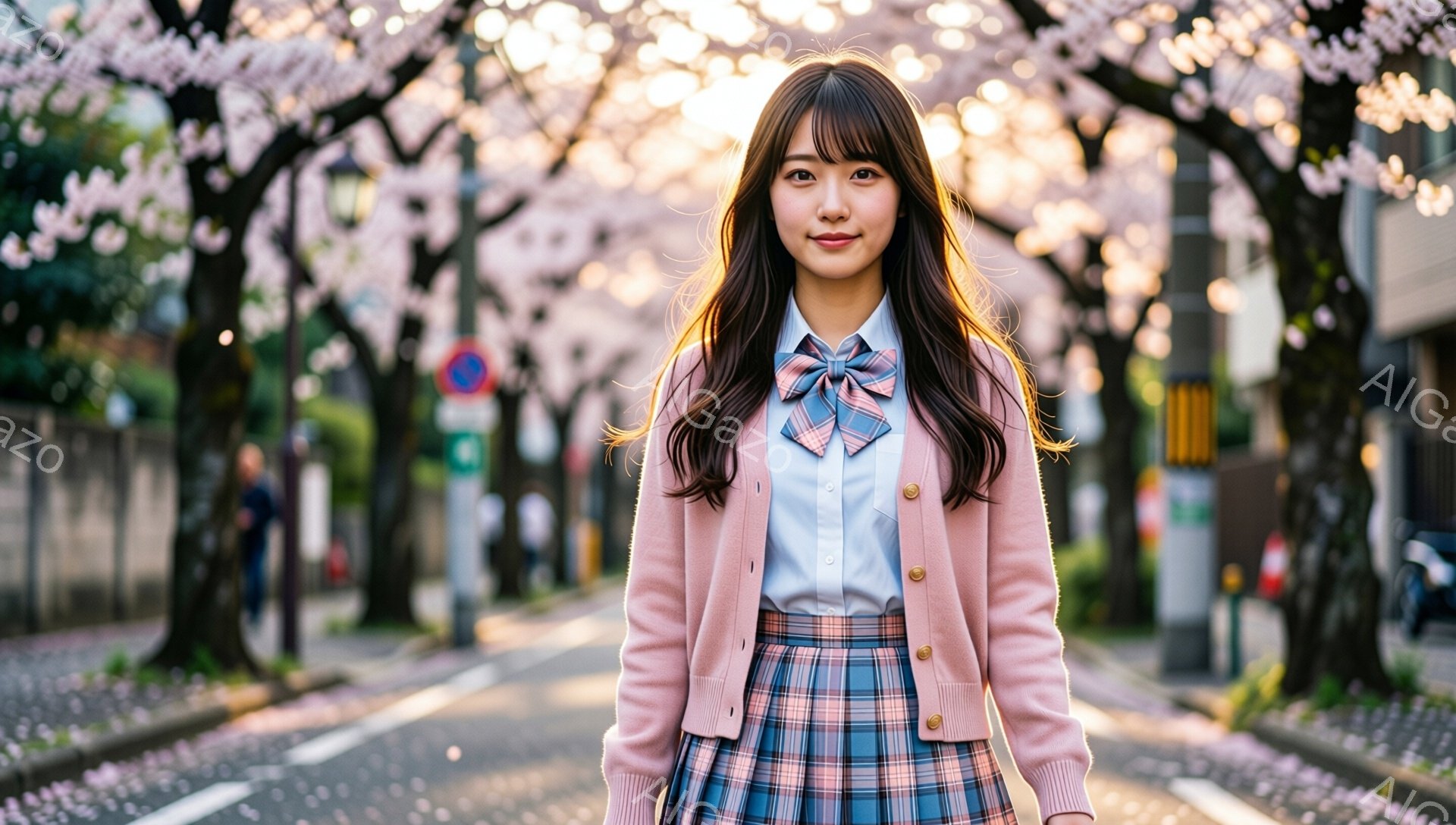 若い女性が、ピンク色のカーディガンとチェック柄のスカート、白いシャツを着用し、道路の真ん中に立っています。彼女は長い茶色の髪を持ち、わずかに微笑んでいます。背景には、桜の花びらが舞い散る桜並木が広がり - AI生成フリー素材