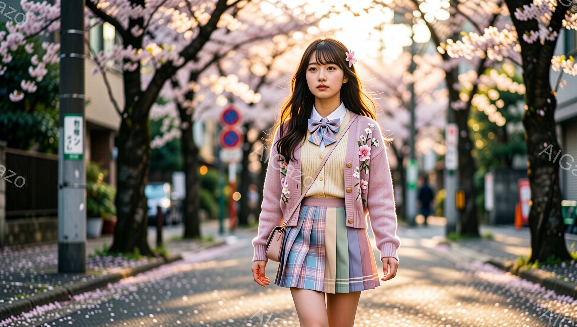 明るい日差しの中、若い女性が桜並木を歩いている。彼女は、水色のリボンと白いブラウス、パステルカラーのチェック柄スカート、花飾り付きの薄いピンク色のカーディガンを着ており、肩には小さなハンドバッグをかけている。桜の花びらが地面に散りばめられ、背景には住宅や電柱が見え、春の暖かく華やかな雰囲気を醸し出している。