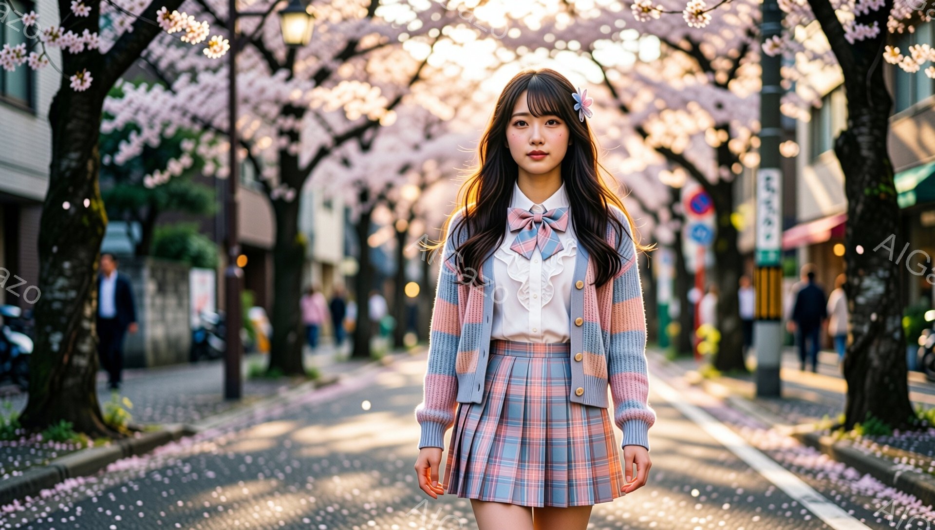 若い女性が桜並木の道を正面を見つめて立っている。彼女はピンクと水色のカーディガン、白いブラウスにリボン、そしてチェック柄のプリーツスカートを着用し、長い黒髪をサイドに分けている。背景には、満開の桜並木と、ぼやけた歩行者や建物が見え、春の穏やかな雰囲気を感じさせる。