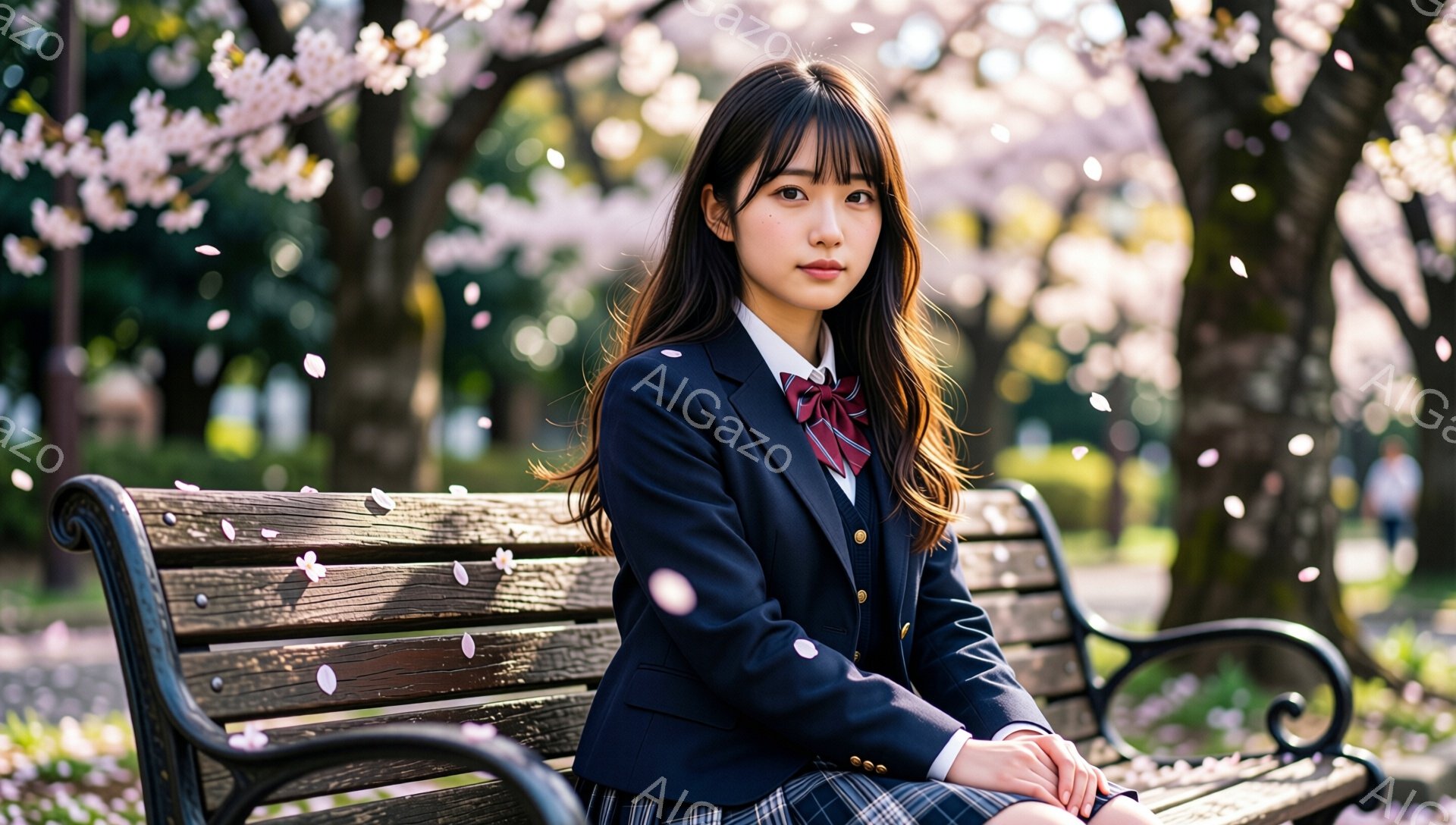 少女は紺色のブレザーにチェックのスカート、赤いネクタイを締め、ベンチに座っています。彼女は少し微笑んでおり、長い黒髪は肩にかかっています。背景には桜の花びらが舞い、桜の木々が咲き誇り、春の穏やかな雰囲気が漂っています。