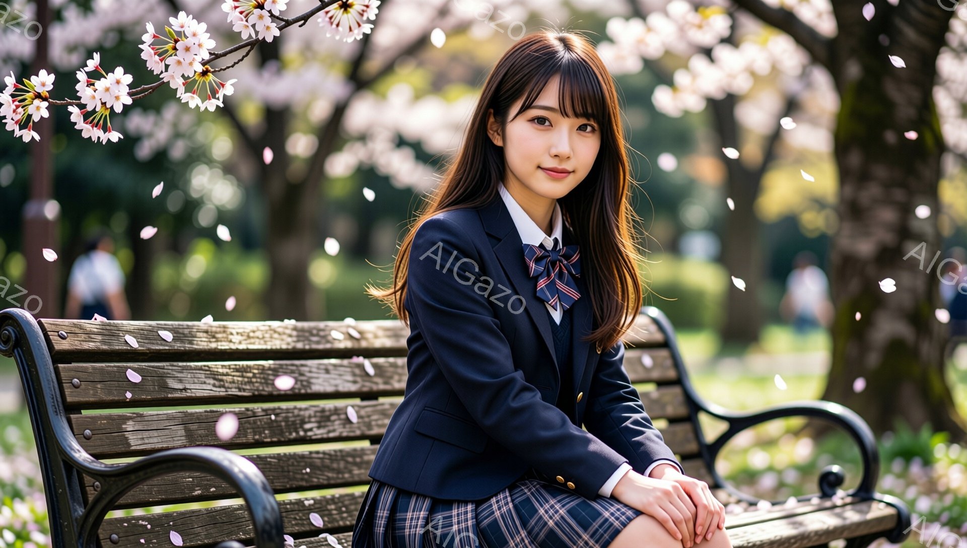 少女は紺色のブレザーにチェック柄のスカート、そしてリボン付きのシャツを着ています。彼女はベンチに座り、軽く微笑んでカメラを見ており、長い茶色の髪は肩にかかっています。背景には桜の花びらが舞い、春の穏やかな公園の風景が広がっています。